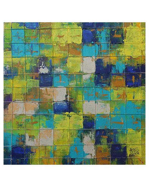 Gemälde abstrakt Linien Karos Kästchen Quadrat trükis gelb Schnur modern