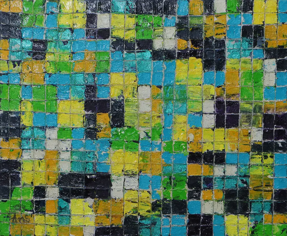 Gemälde klein blau grün gelb Quadrate Kästchen abstrakt Kunst Unikat glänzend