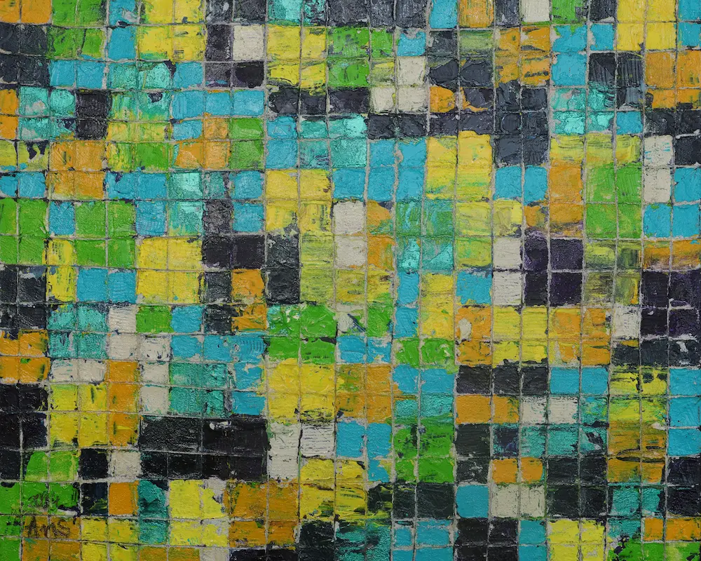 Nahaufnahme Gemälde klein blau grün gelb Quadrate Kästchen abstrakt Kunst Unikat glänzend