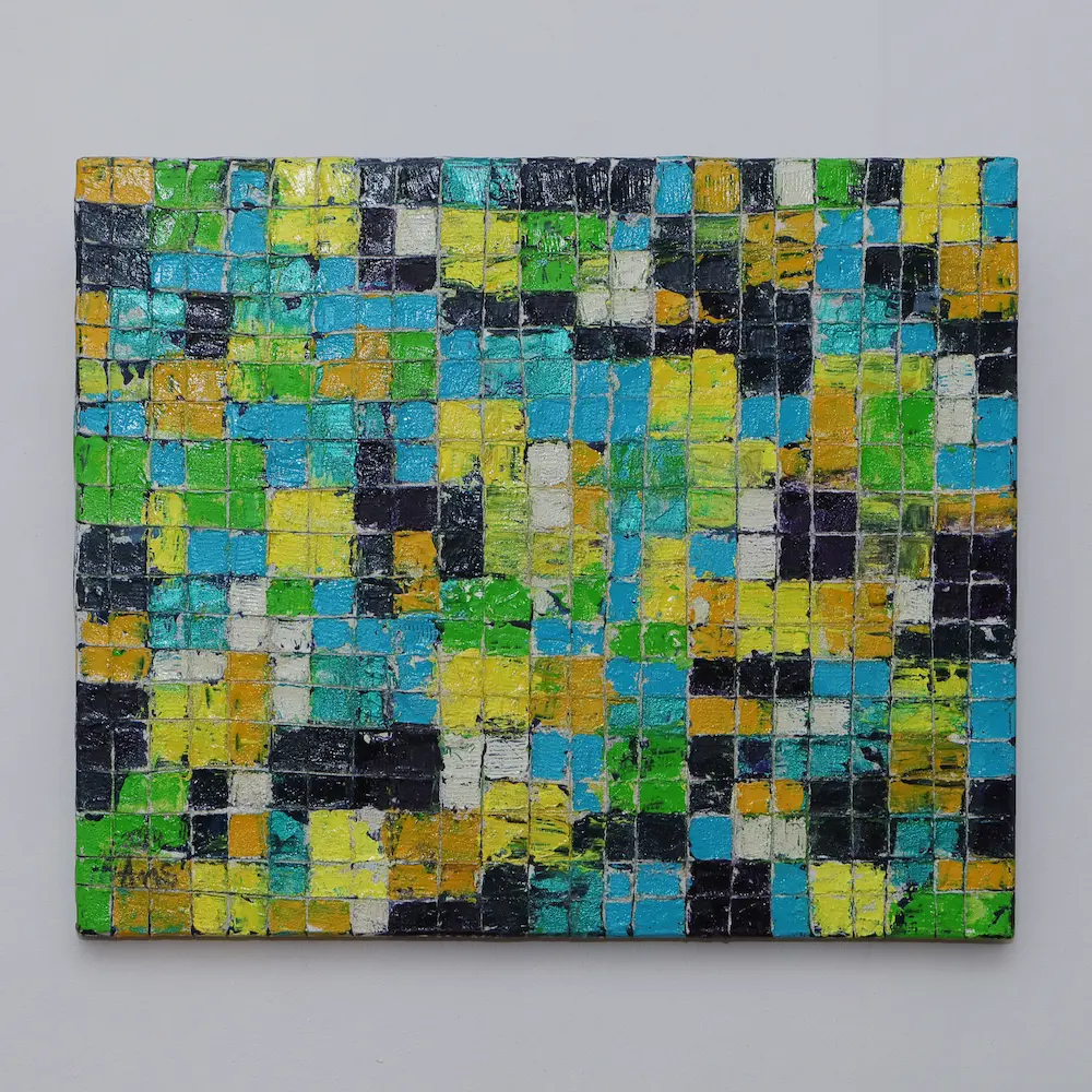 Nahaufnahme Gemälde klein blau grün gelb Quadrate Kästchen abstrakt Kunst Unikat glänzend