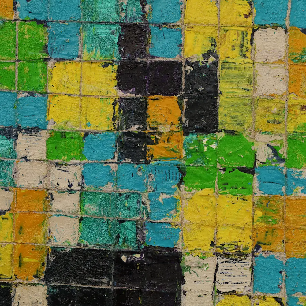 Nahaufnahme Gemälde klein blau grün gelb Quadrate Kästchen abstrakt Kunst Unikat glänzend
