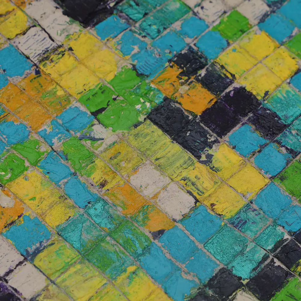Nahaufnahme Gemälde klein blau grün gelb Quadrate Kästchen abstrakt Kunst Unikat glänzend