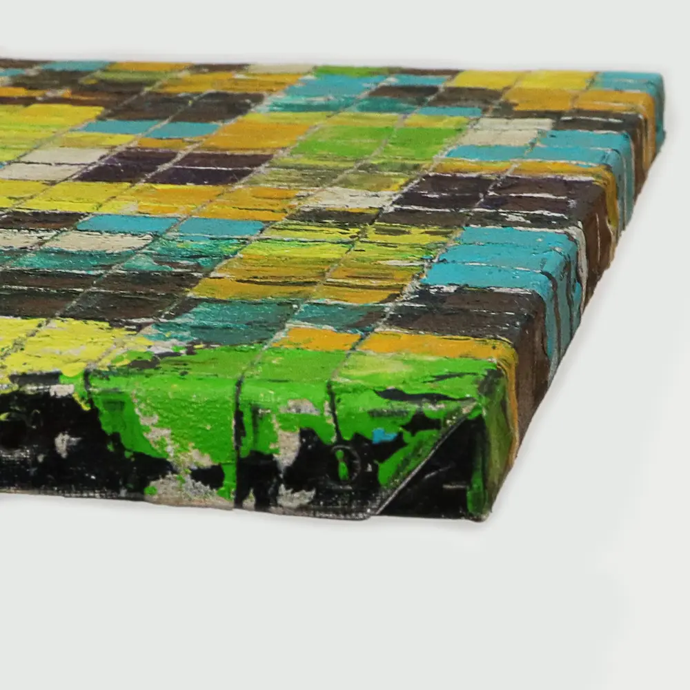 Nahaufnahme Gemälde klein blau grün gelb Quadrate Kästchen abstrakt Kunst Unikat glänzend