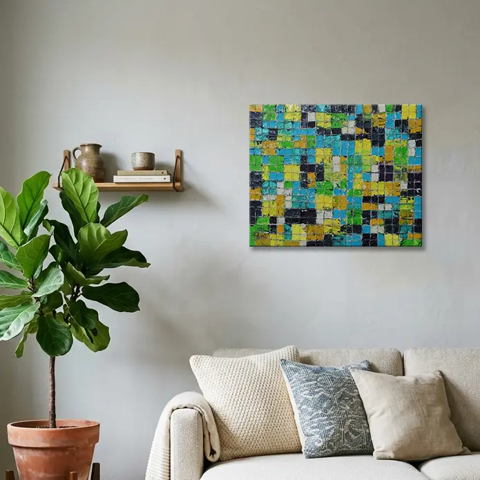 Wandbild für modernes Wohndesign Gemälde klein blau grün gelb Quadrate Kästchen abstrakt Kunst Unikat glänzend