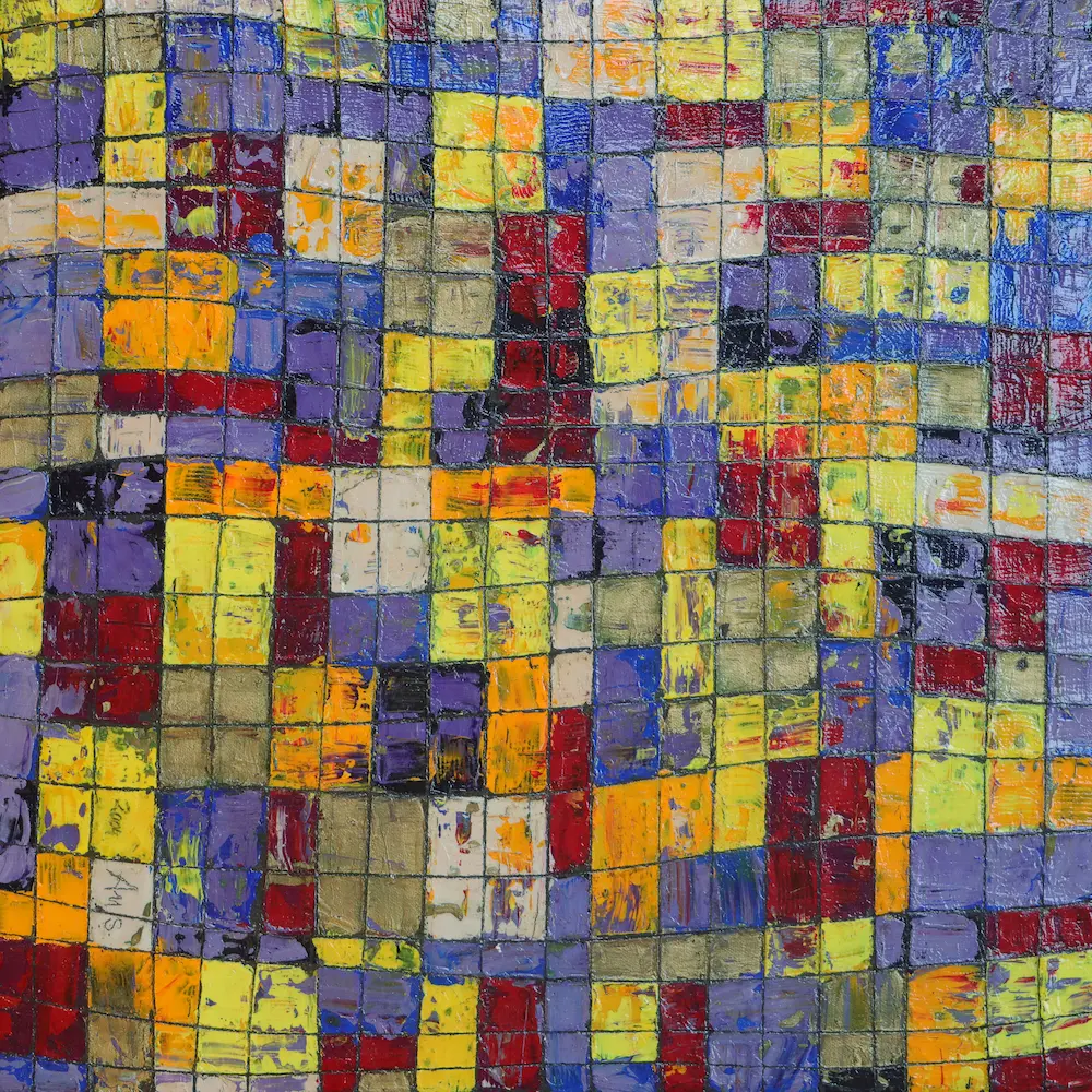 Nahaufnahme Gemälde abstrakt Linien Karos Kästchen Quadrate lila gelb modern Kunst gold