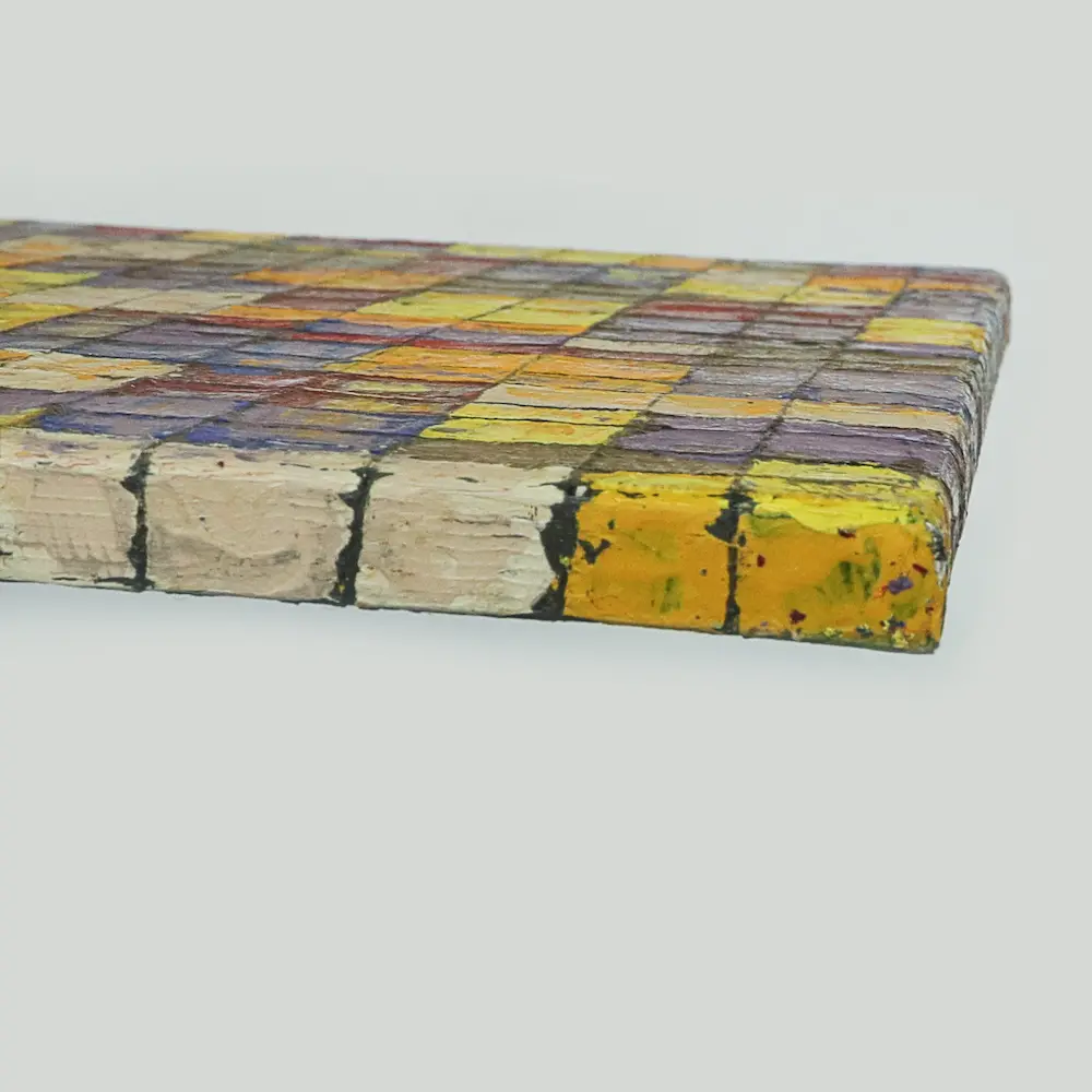 Nahaufnahme Gemälde abstrakt Linien Karos Kästchen Quadrate lila gelb modern Kunst gold