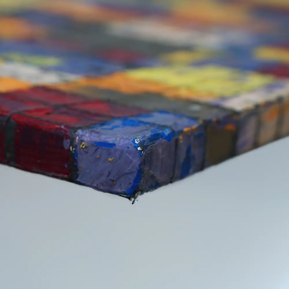 Nahaufnahme Gemälde abstrakt Linien Karos Kästchen Quadrate lila gelb modern Kunst gold
