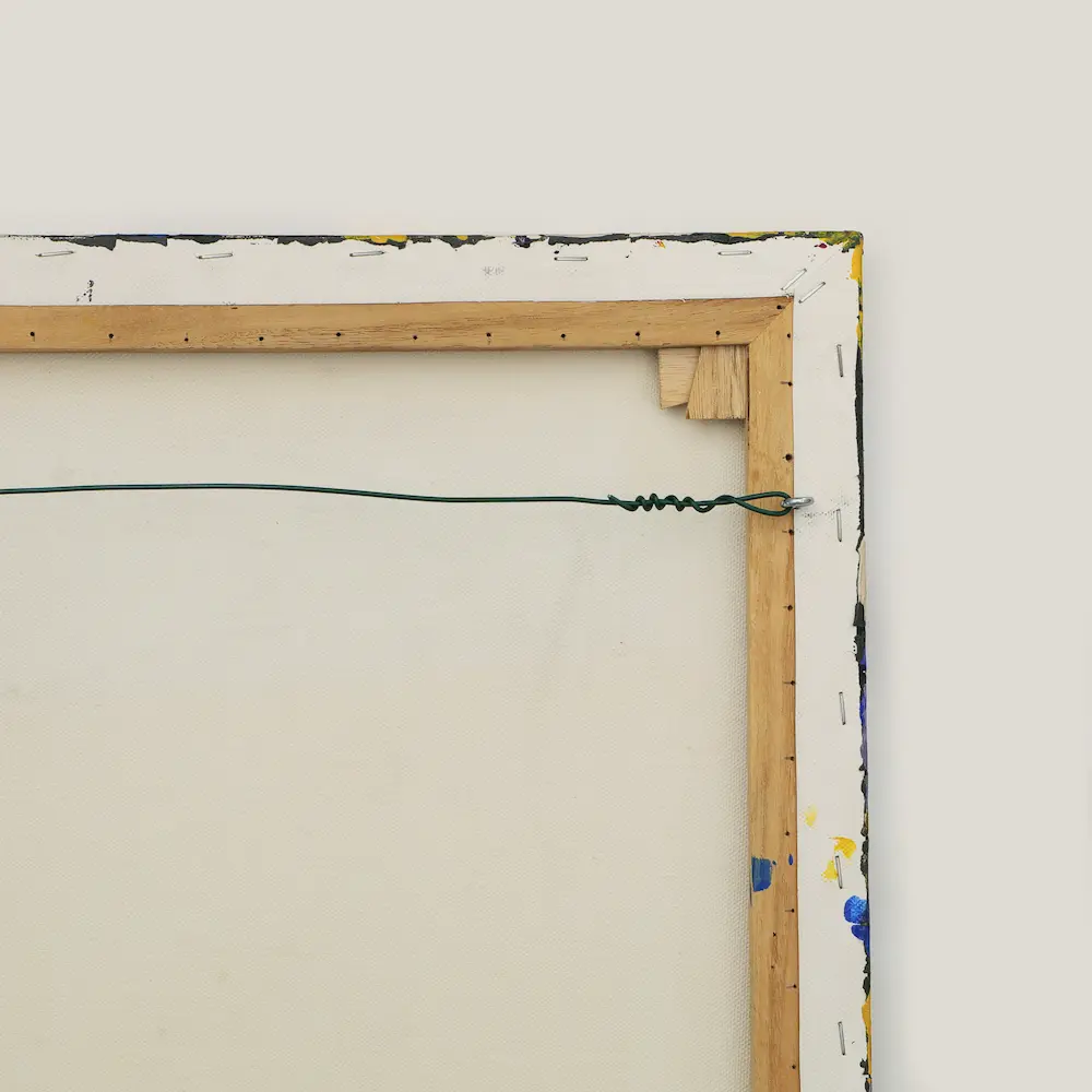 Nahaufnahme Gemälde abstrakt Linien Karos Kästchen Quadrate lila gelb modern Kunst gold