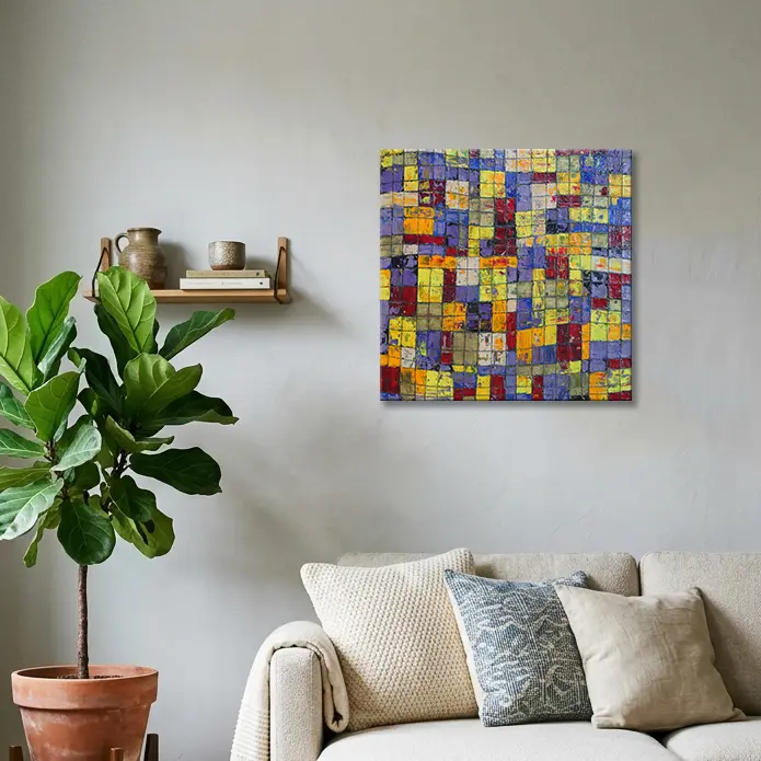 Wandbild für modernes Wohndesign Gemälde abstrakt Linien Karos Kästchen Quadrate lila gelb modern Kunst gold