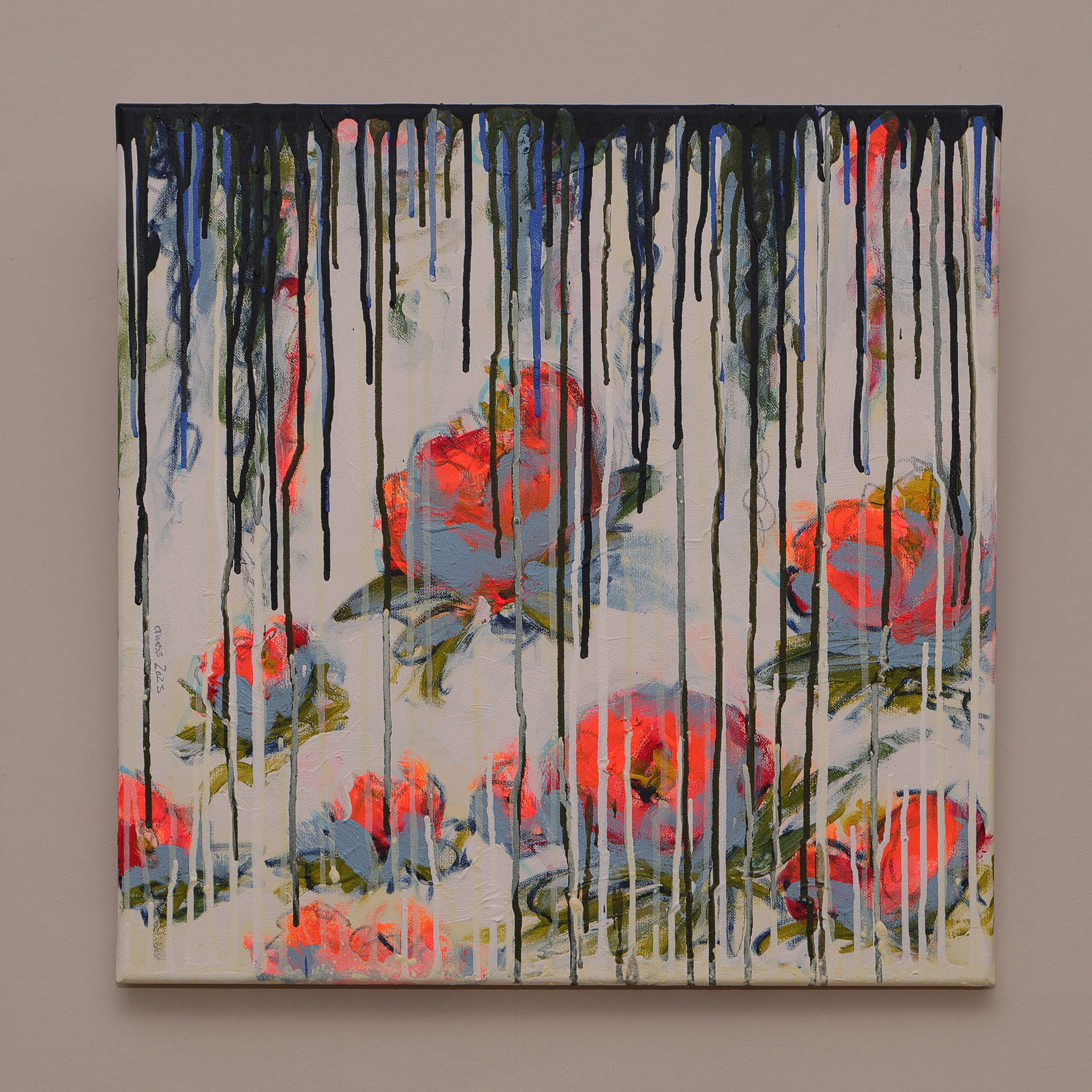 Detail echtes Art Gemälde Bild Teich See Rosen Lilien weiss neon orange weiß Verlauf