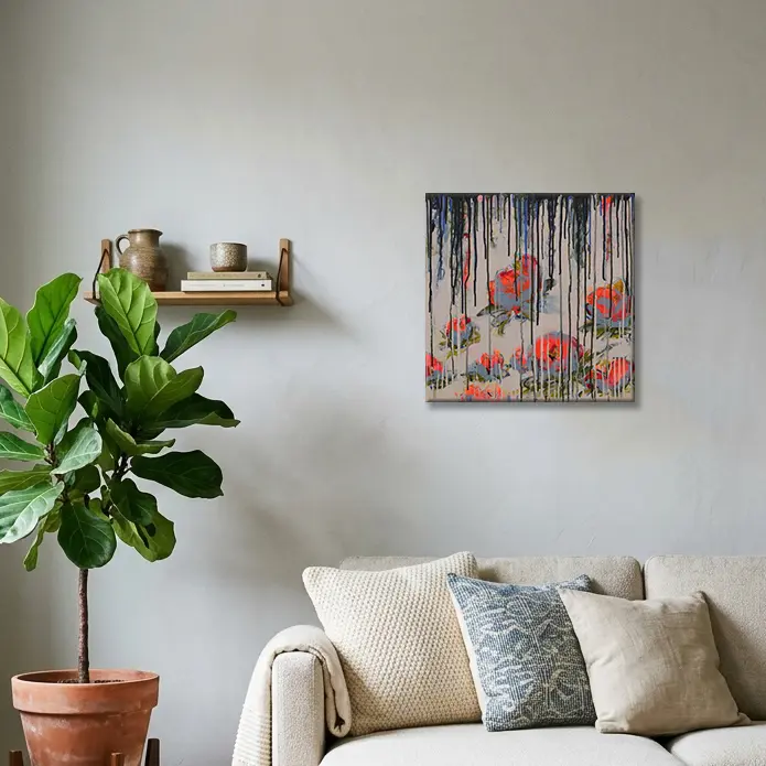 Wandbild für modernes Wohndesign echtes Art Gemälde Bild Teich See Rosen Lilien weiss neon orange weiß Verlauf
