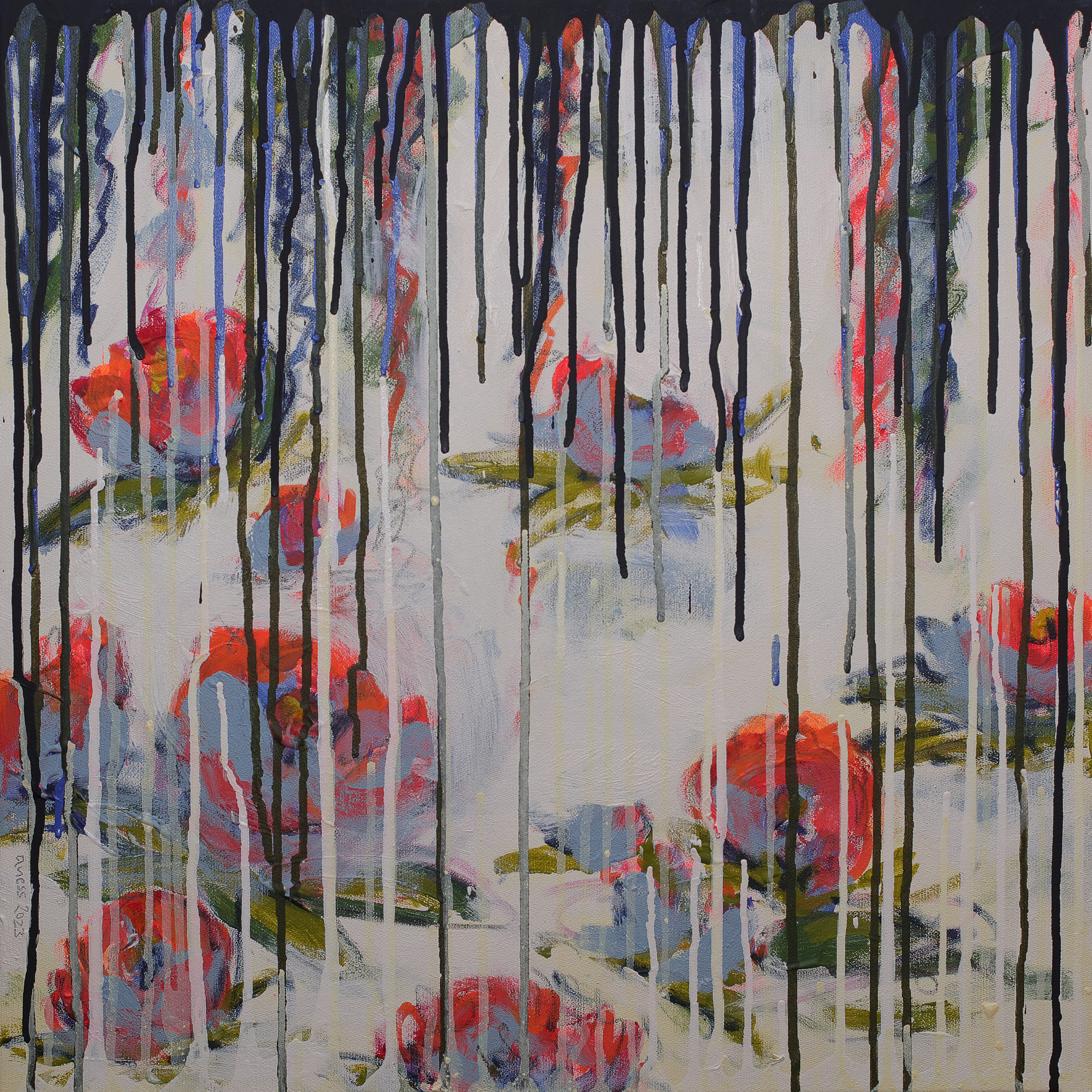 echtes Kunst Gemälde Bild Teich See Rosen Lilien weiss neon orange abstrakt