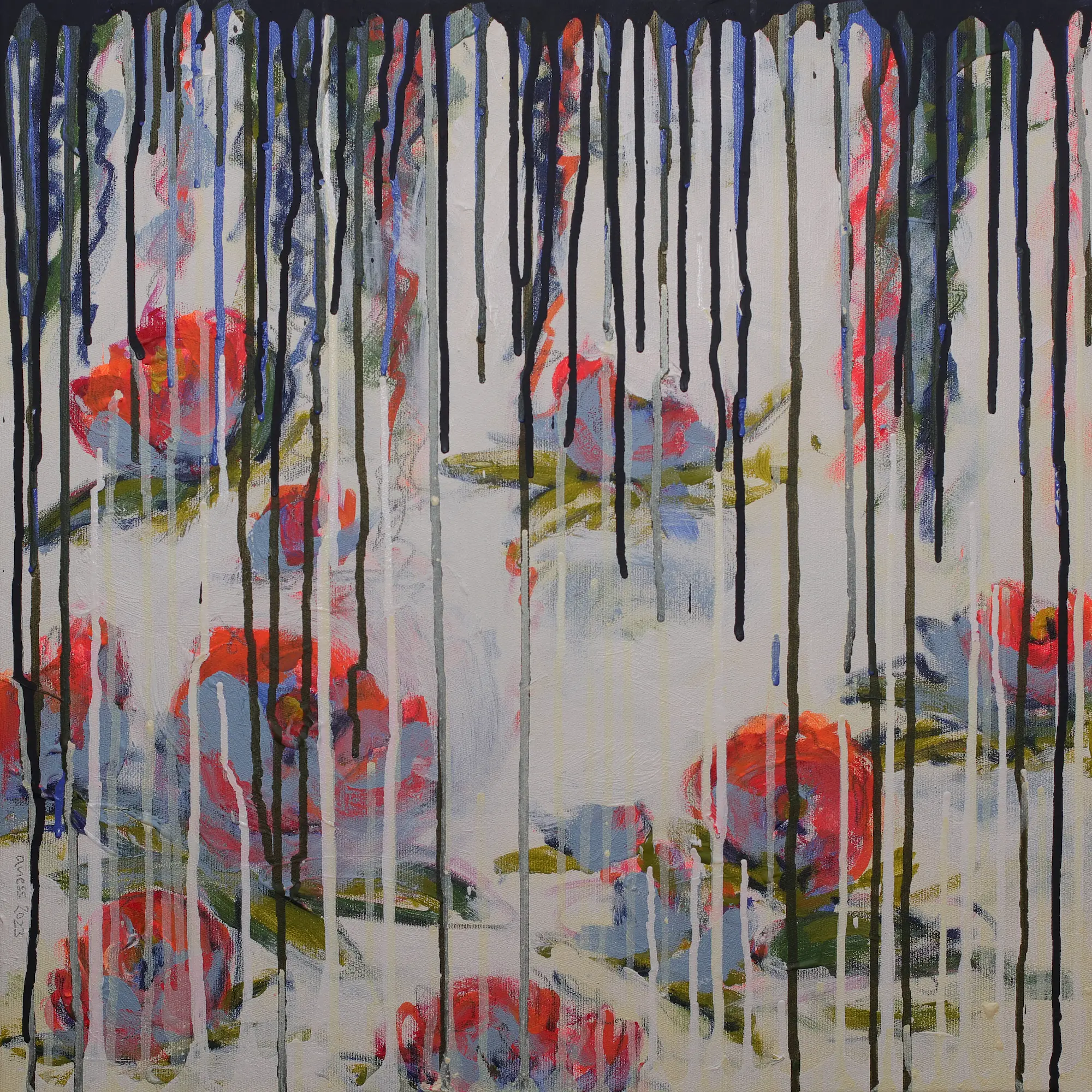 echtes Kunst Gemälde Bild Teich See Rosen Lilien weiss neon orange abstrakt