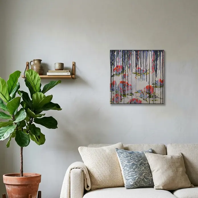 Wandbild für modernes Wohndesign echtes Kunst Gemälde Bild Teich See Rosen Lilien weiss neon orange abstrakt
