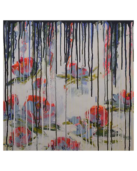 echtes Kunst Gemälde Bild Teich See Rosen Lilien weiss neon orange abstrakt