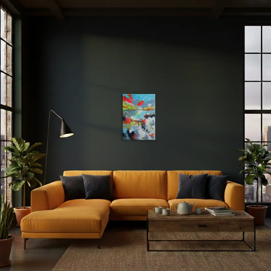 Wandbild für modernes Wohndesign XL Gemälde Bild gelb hell blau neon Sonne Sonnen Untergang Meer Strand Nordsee