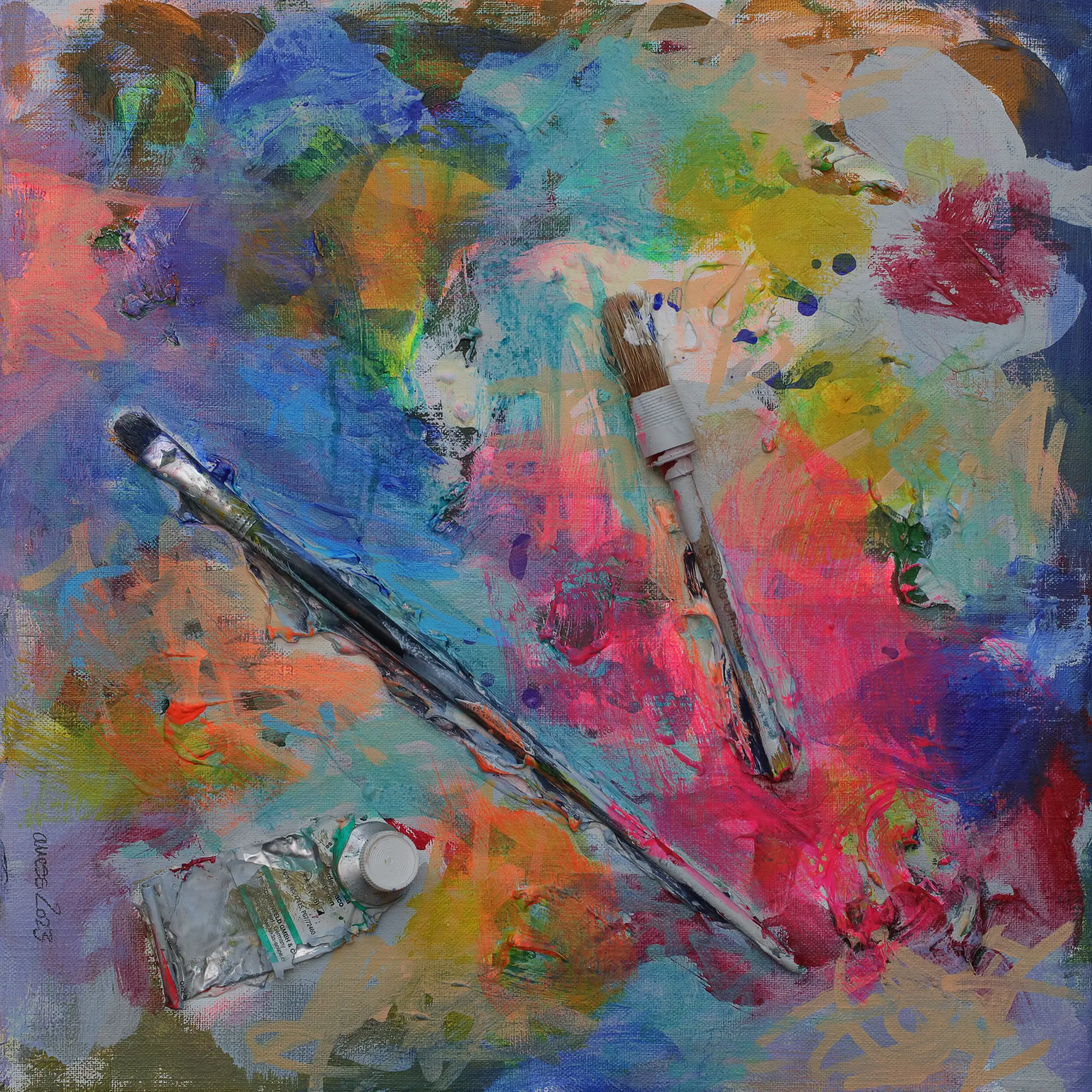 Mini XS Gemälde klein blau pastell pink Pinsel Objekt Objekte Pinsel Tuben Art