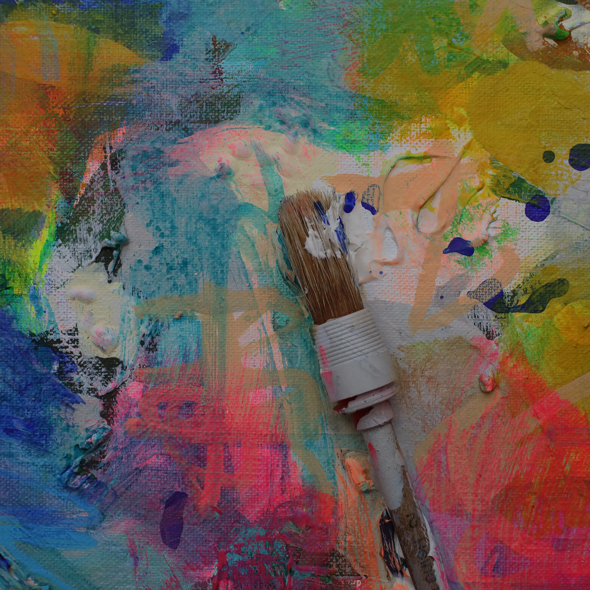 Nahaufnahme Mini XS Gemälde klein blau pastell pink Pinsel Objekt Objekte Pinsel Tuben Art