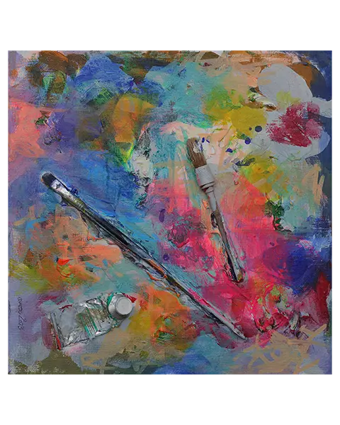 Mini XS Gemälde klein blau pastell pink Pinsel Objekt Objekte Pinsel Tuben Art