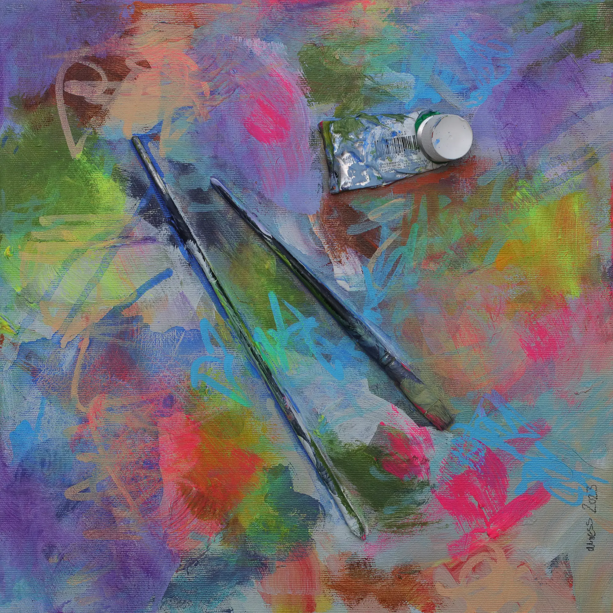 Mini XS Gemälde Bild blau lila pastell pink Pinsel Objekt Objekte Pinsel Tuben