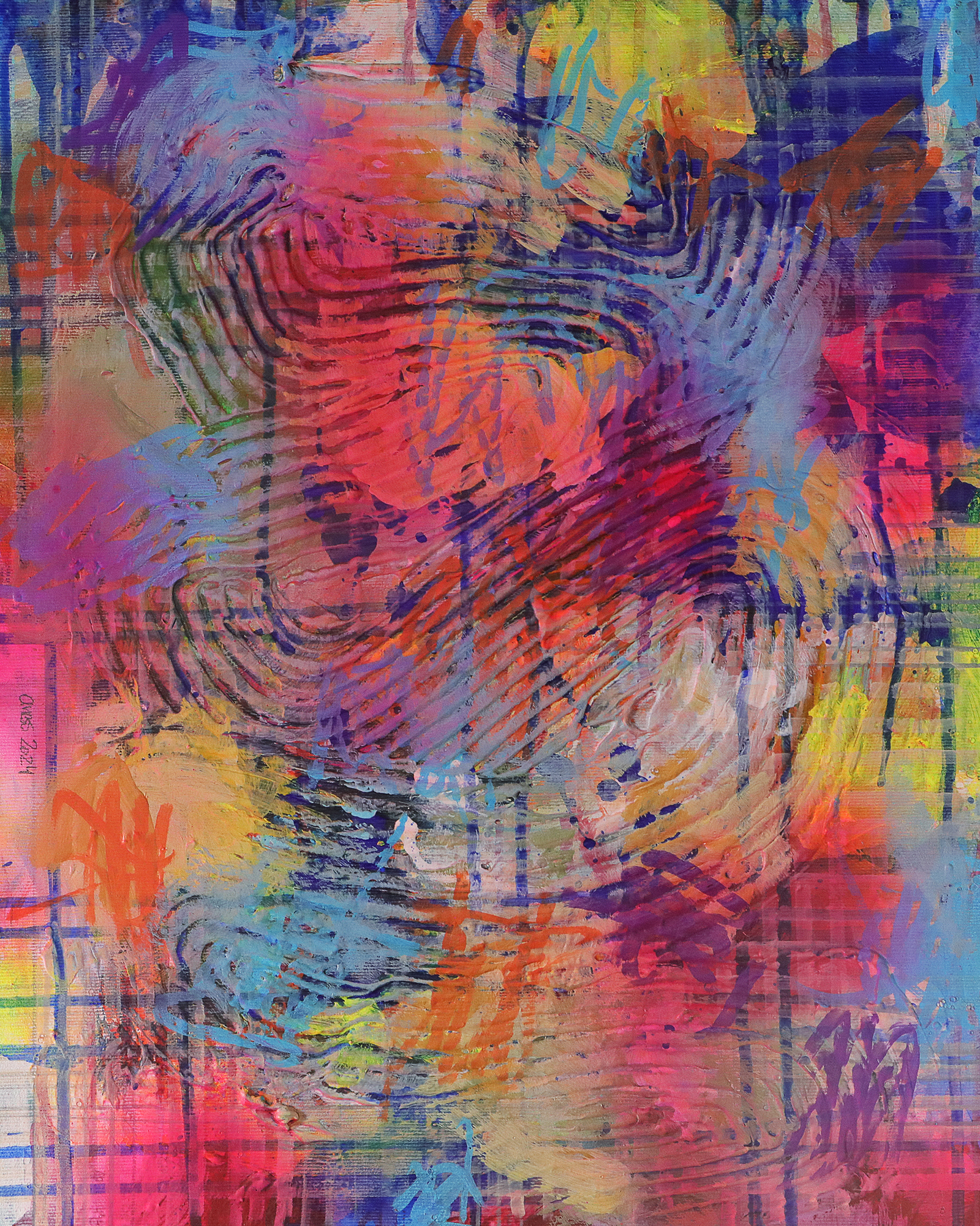 Mini XS Gemälde Bild abstrakte klein neon Struktur gelb blau Linien Streifen