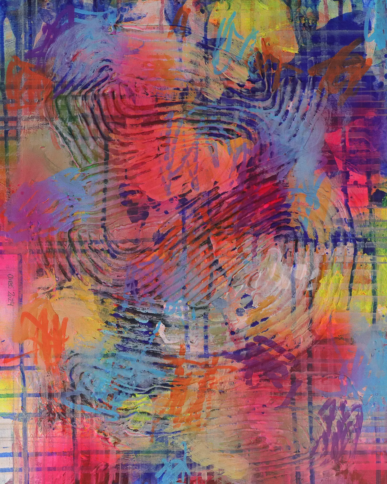 Mini XS Gemälde Bild abstrakte klein neon Struktur gelb blau Linien Streifen