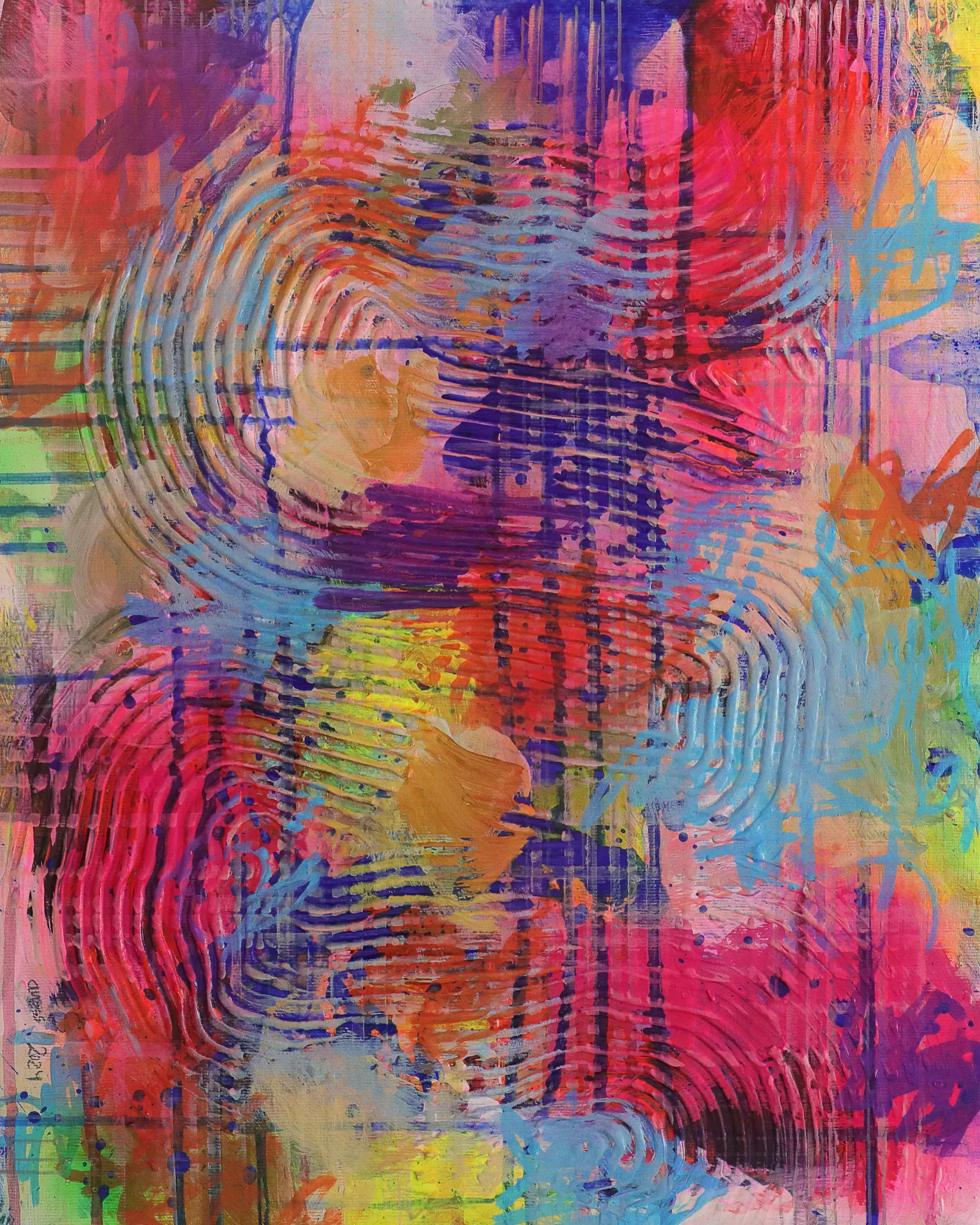 Mini XS Gemälde Bild abstrakte klein neon Struktur gelb pink Linien Streifen