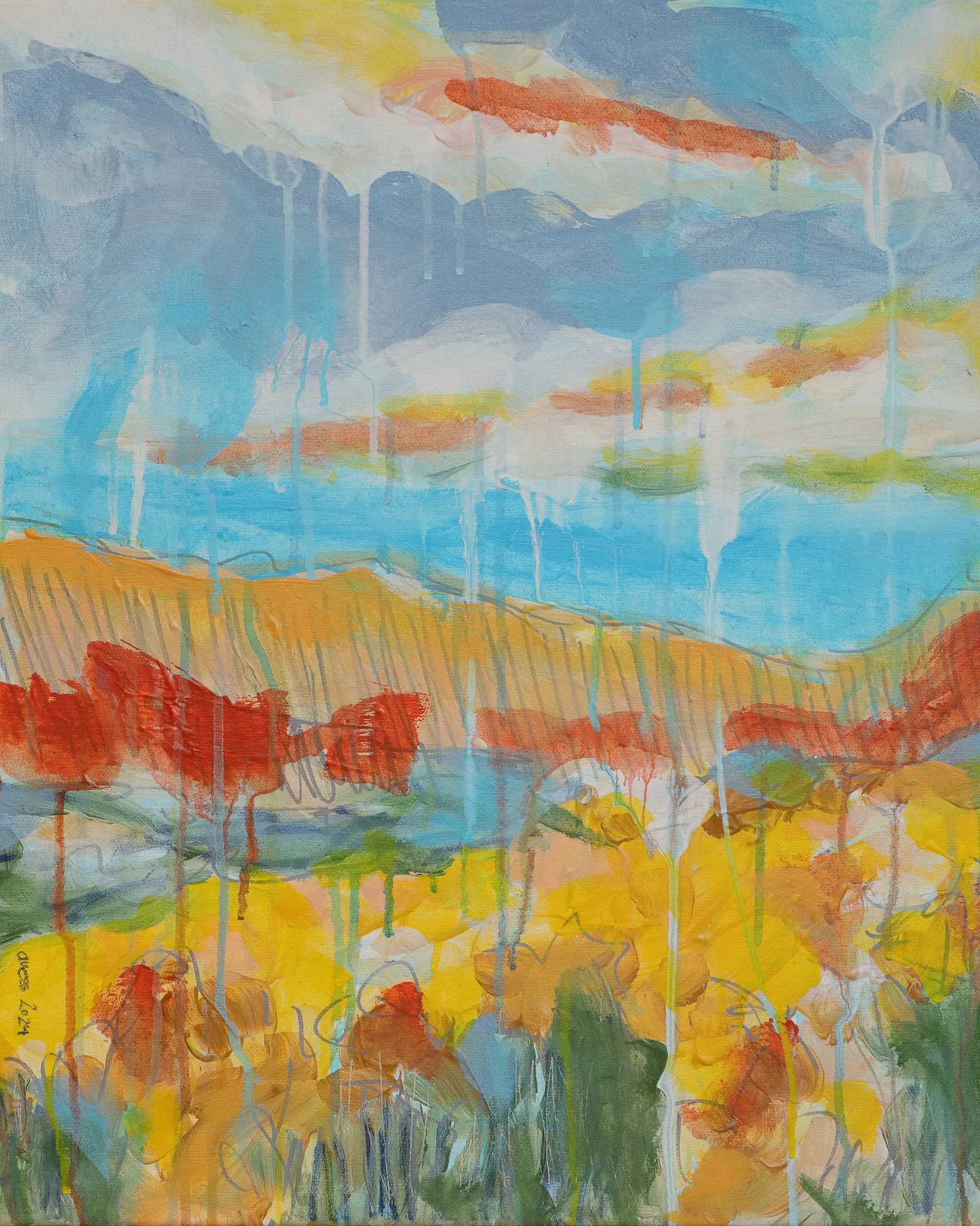 Gemälde Bild Hochkant Hochformat Landschaft Praerie gelb hell blau Berge See