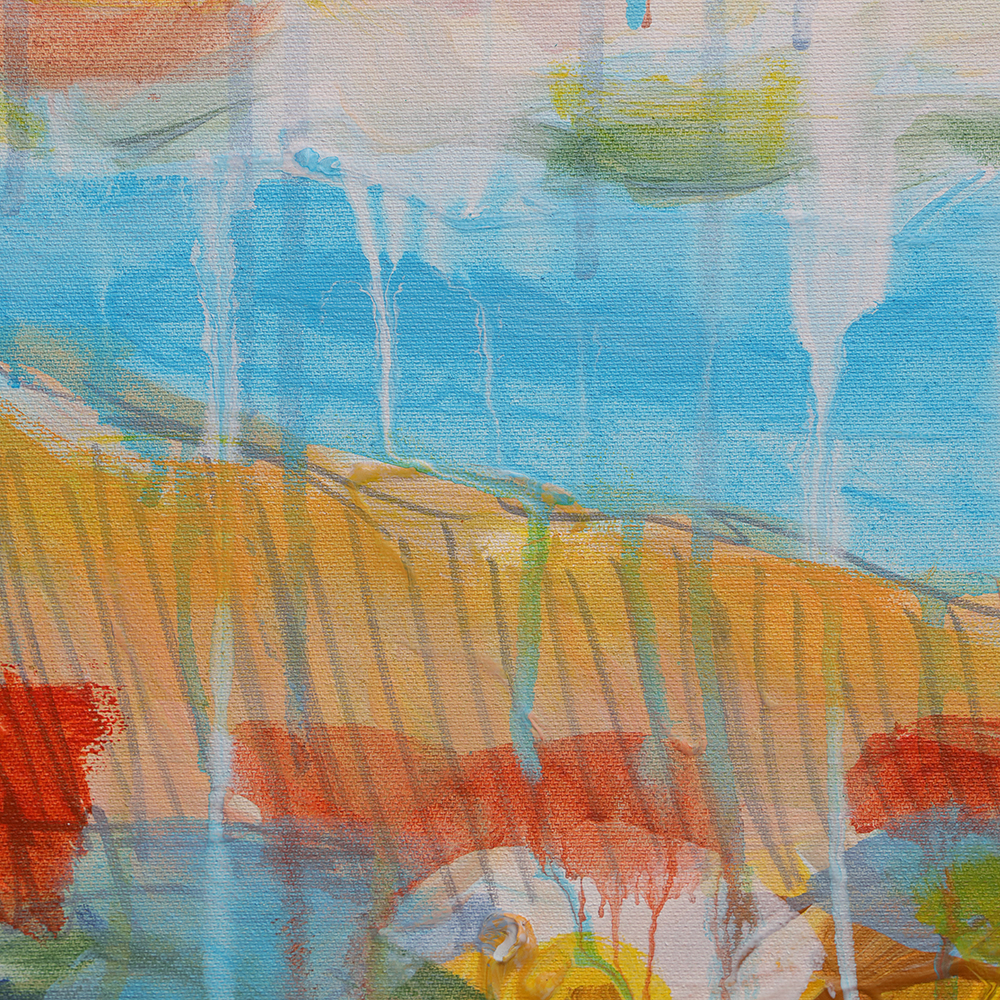 Detail Gemälde Bild Hochkant Hochformat Landschaft Praerie gelb hell blau Berge See