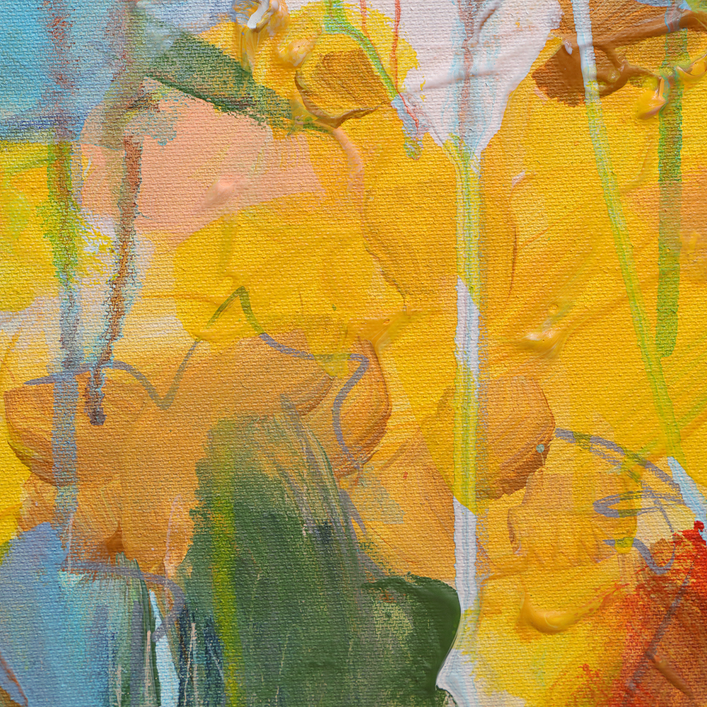 Detail Gemälde Bild Hochkant Hochformat Landschaft Praerie gelb hell blau Berge See