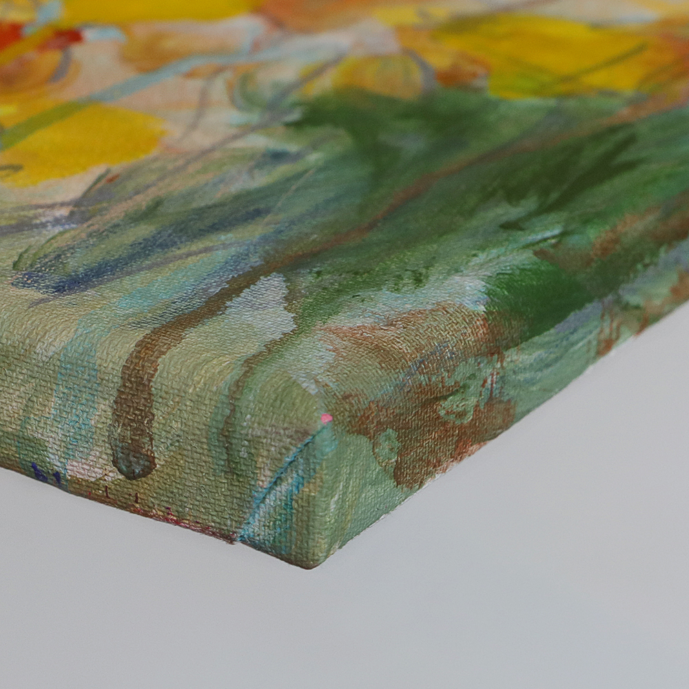 Detail Gemälde Bild Hochkant Hochformat Landschaft Praerie gelb hell blau Berge See