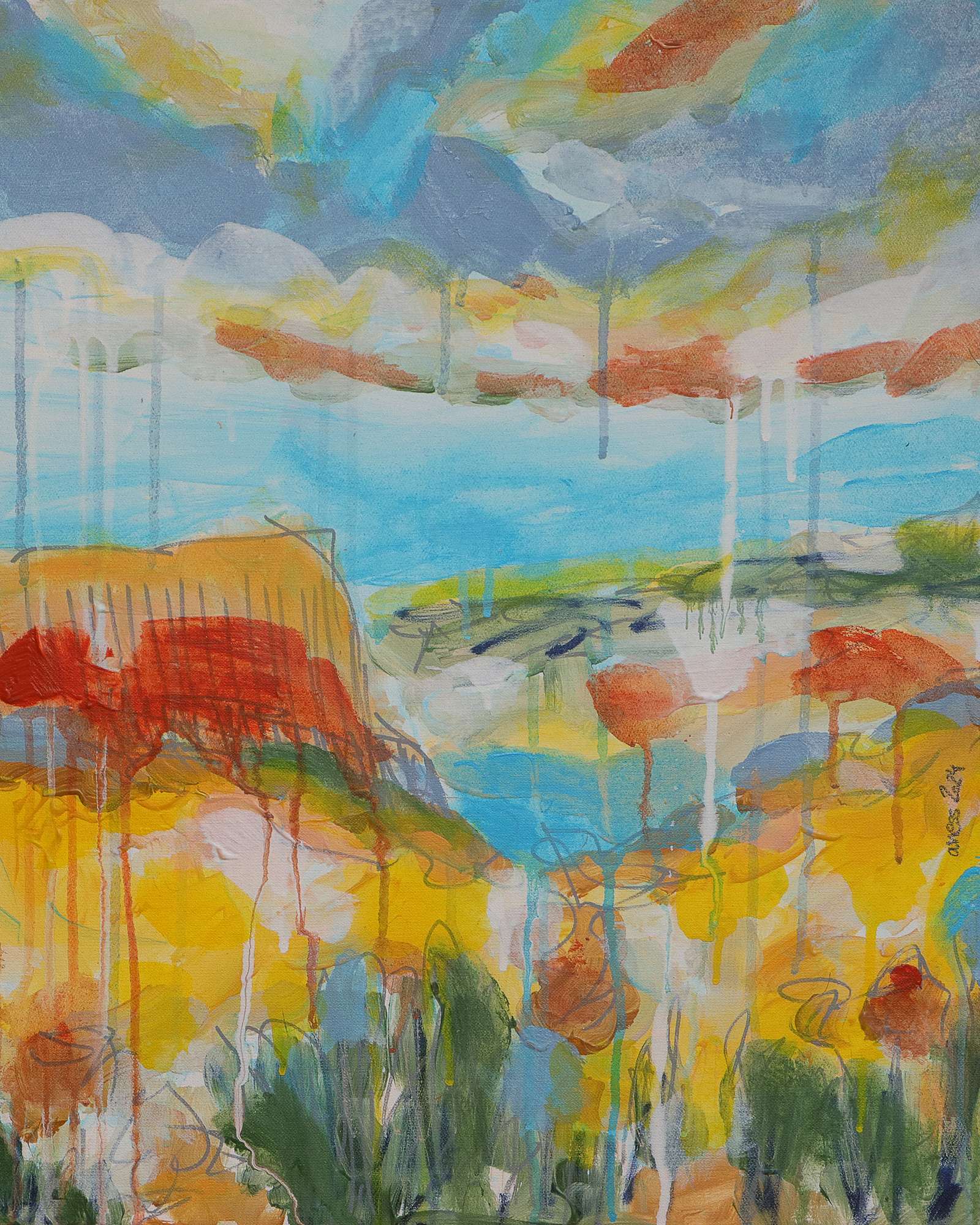 Gemaelde Bild Hochkant Hochformat Landschaft Praerie gelb hell blau Berge See