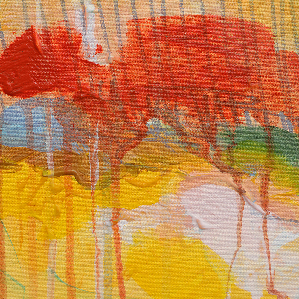 Detail Gemaelde Bild Hochkant Hochformat Landschaft Praerie gelb hell blau Berge See