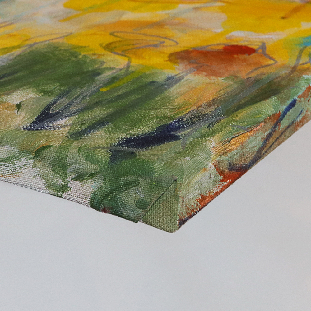 Detail Gemaelde Bild Hochkant Hochformat Landschaft Praerie gelb hell blau Berge See