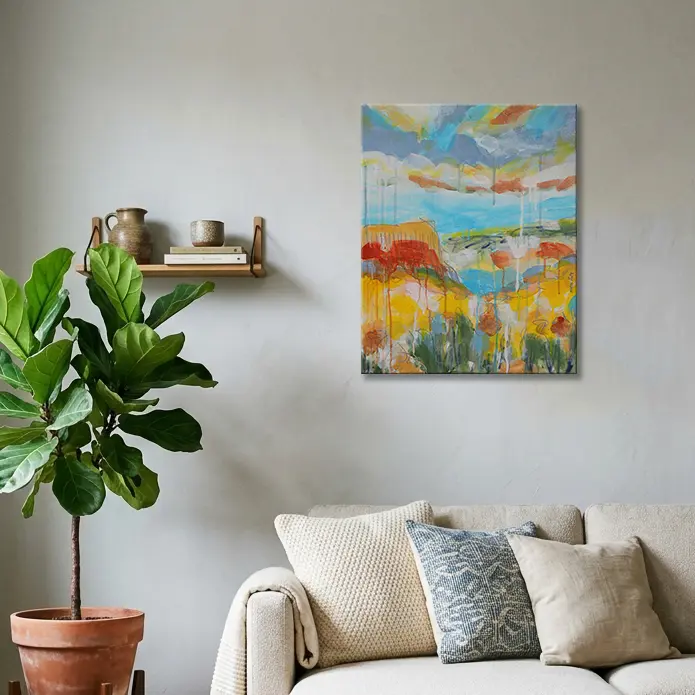 Wandbild für modernes Wohndesign Gemälde Bild Hochkant Hochformat Landschaft Praerie gelb hell blau Berge See
