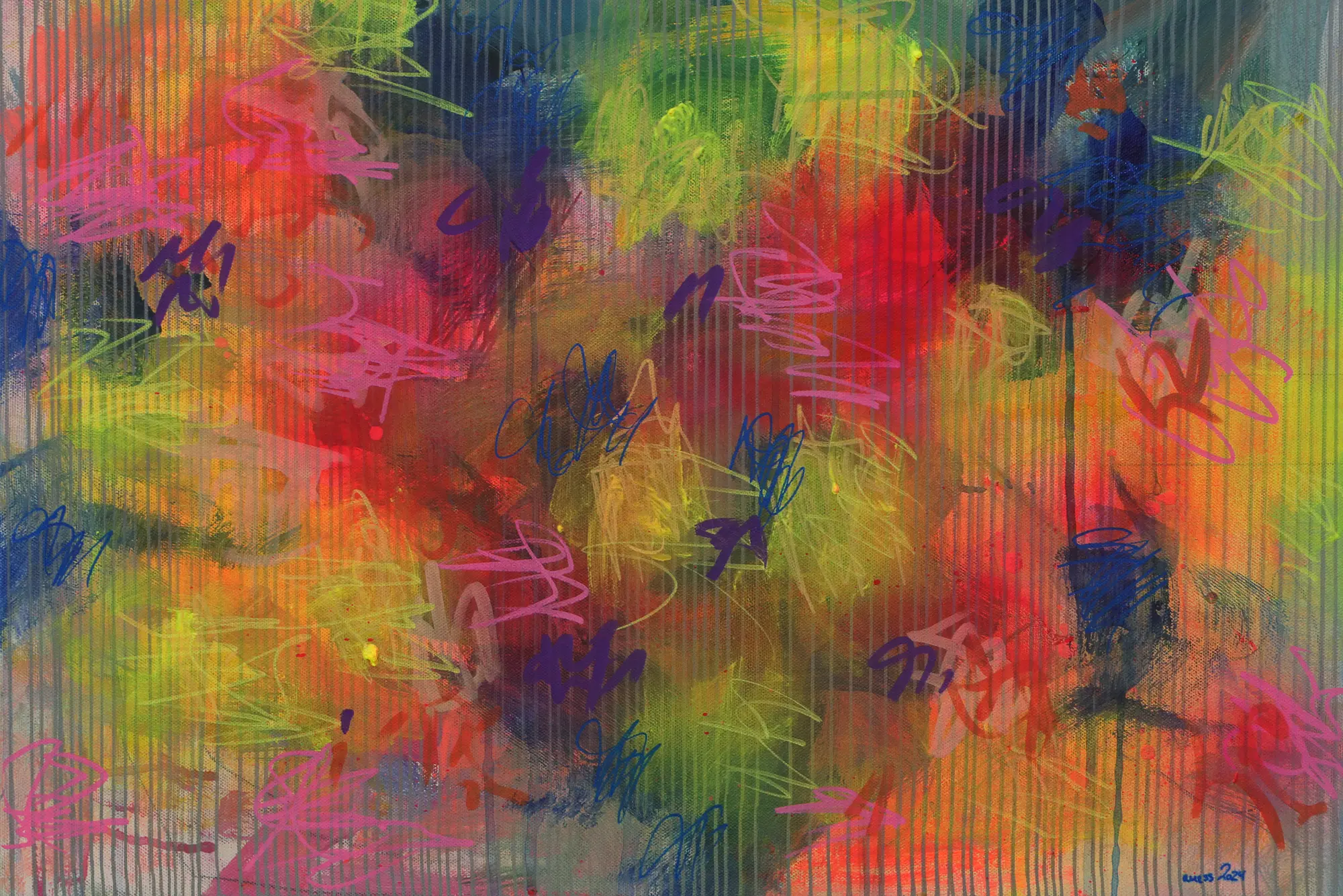 Gemälde neon pink gruen blau Linien grau gelb orange Linien Streifen Kleckse