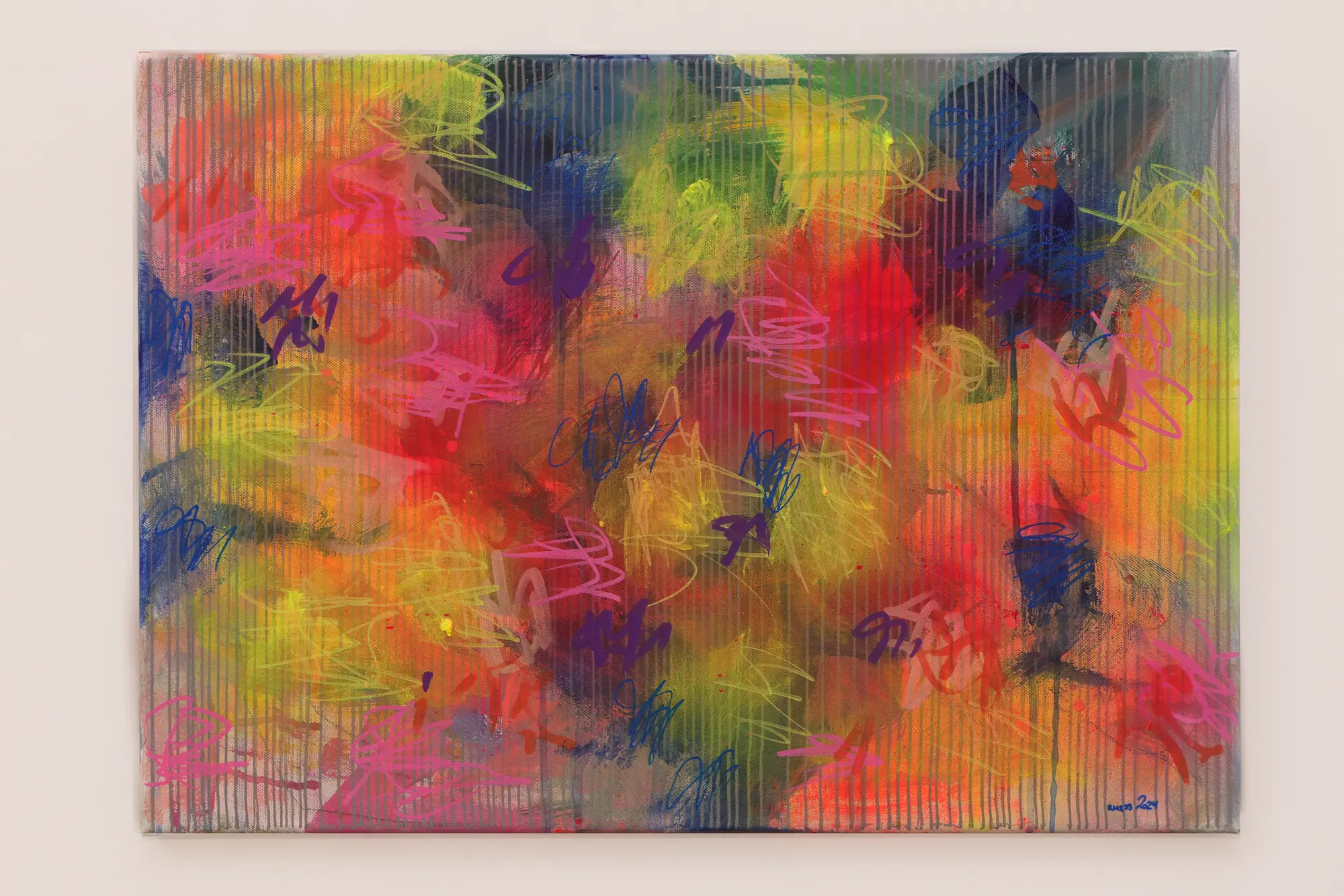 Nahaufnahme Gemälde neon pink gruen blau Linien grau gelb orange Linien Streifen Kleckse