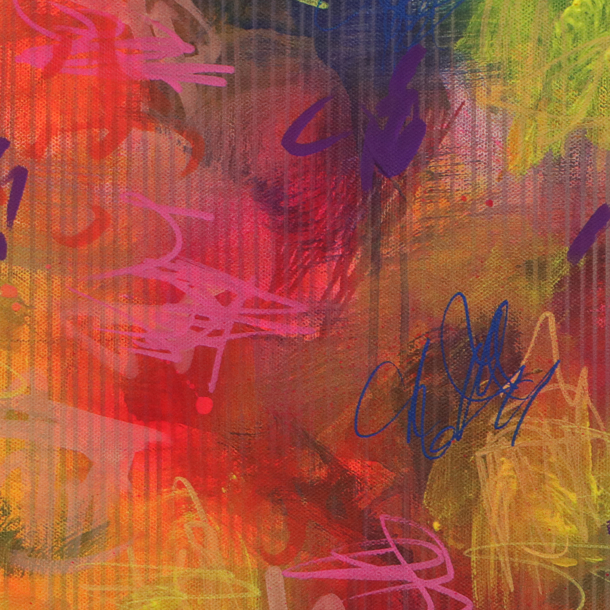 Detail Gemaelde neon pink gruen blau Linien grau gelb orange Linien Streifen Kleckse