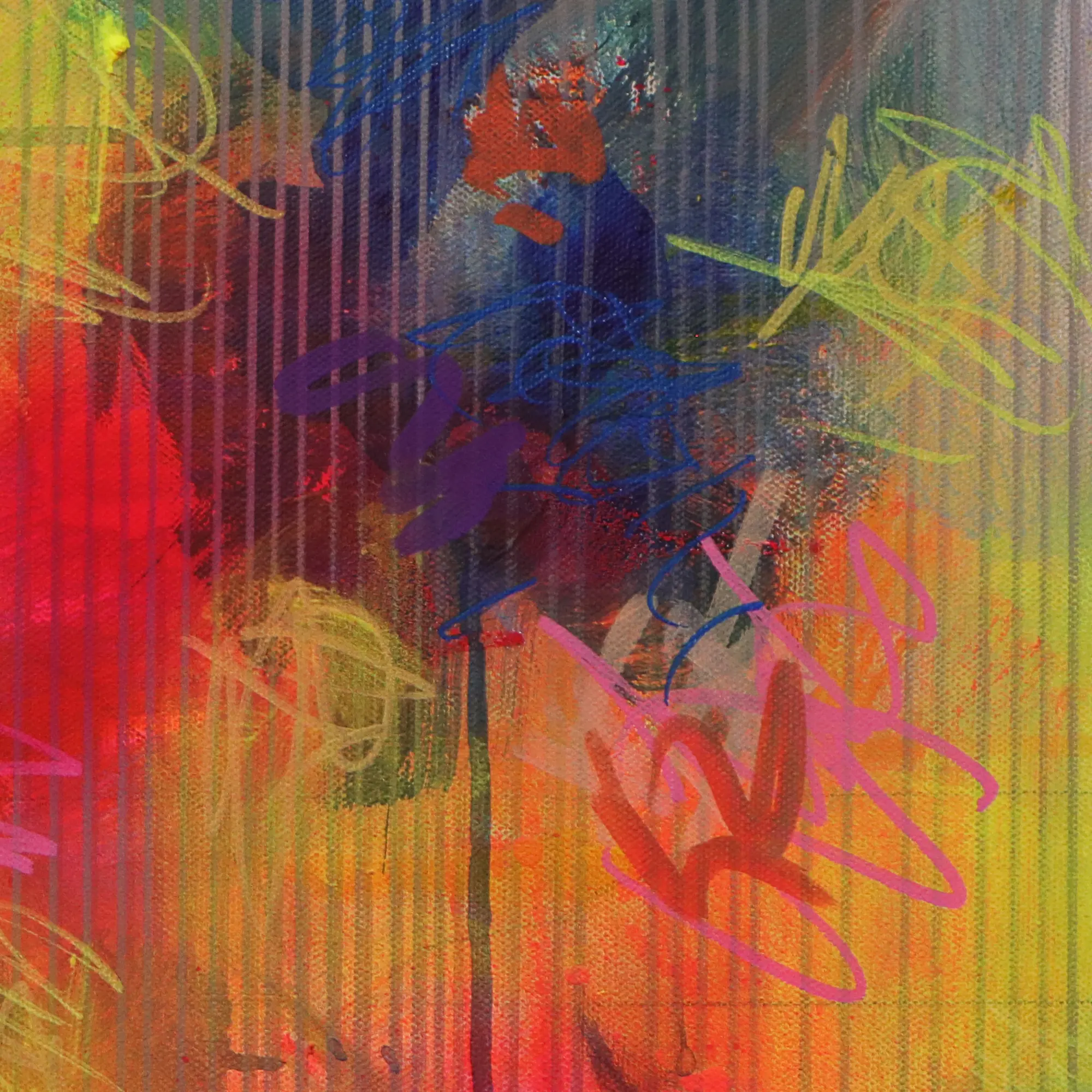 Nahaufnahme Gemälde neon pink gruen blau Linien grau gelb orange Linien Streifen Kleckse