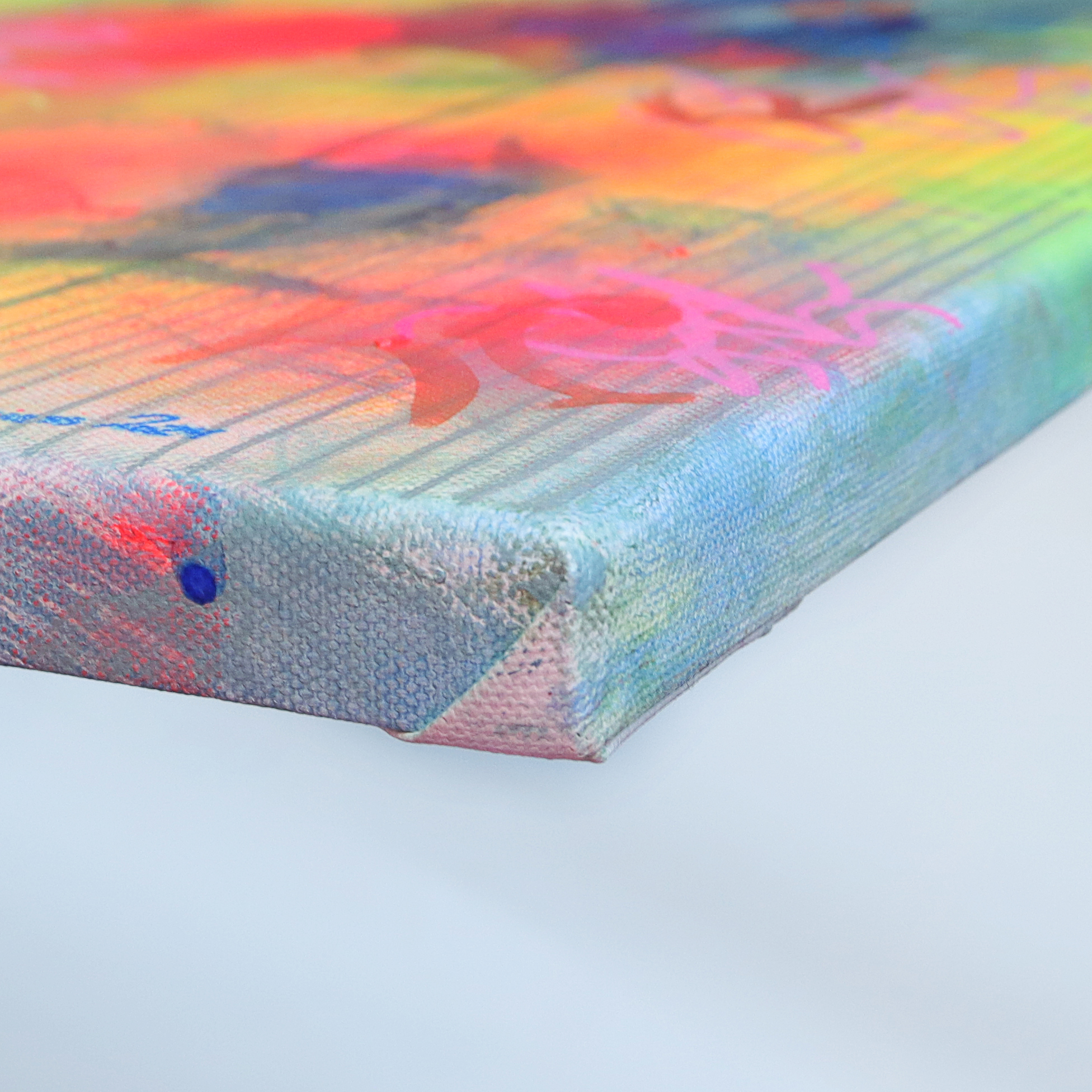 Detail Gemaelde neon pink gruen blau Linien grau gelb orange Linien Streifen Kleckse