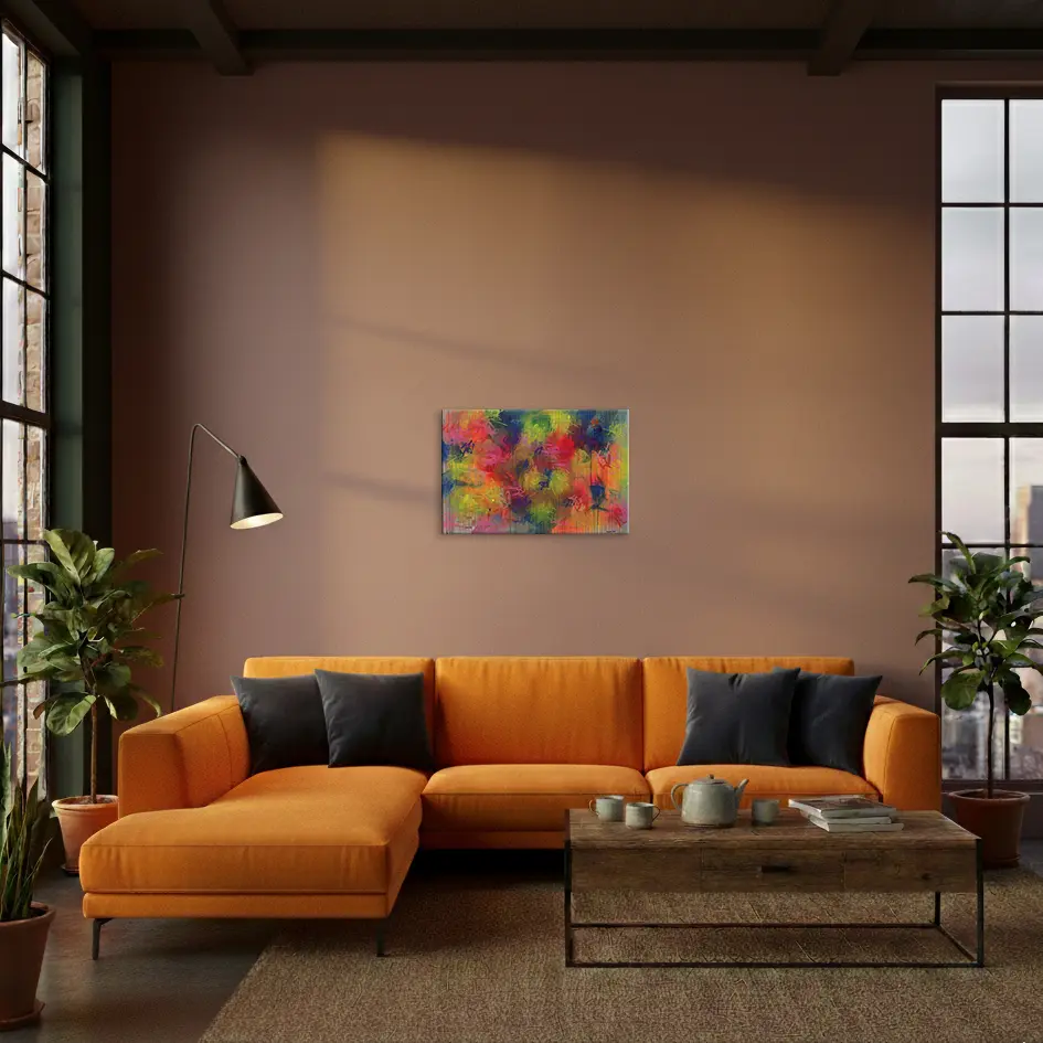 Wandbild für modernes Wohndesign Gemälde neon pink gruen blau Linien grau gelb orange Linien Streifen Kleckse