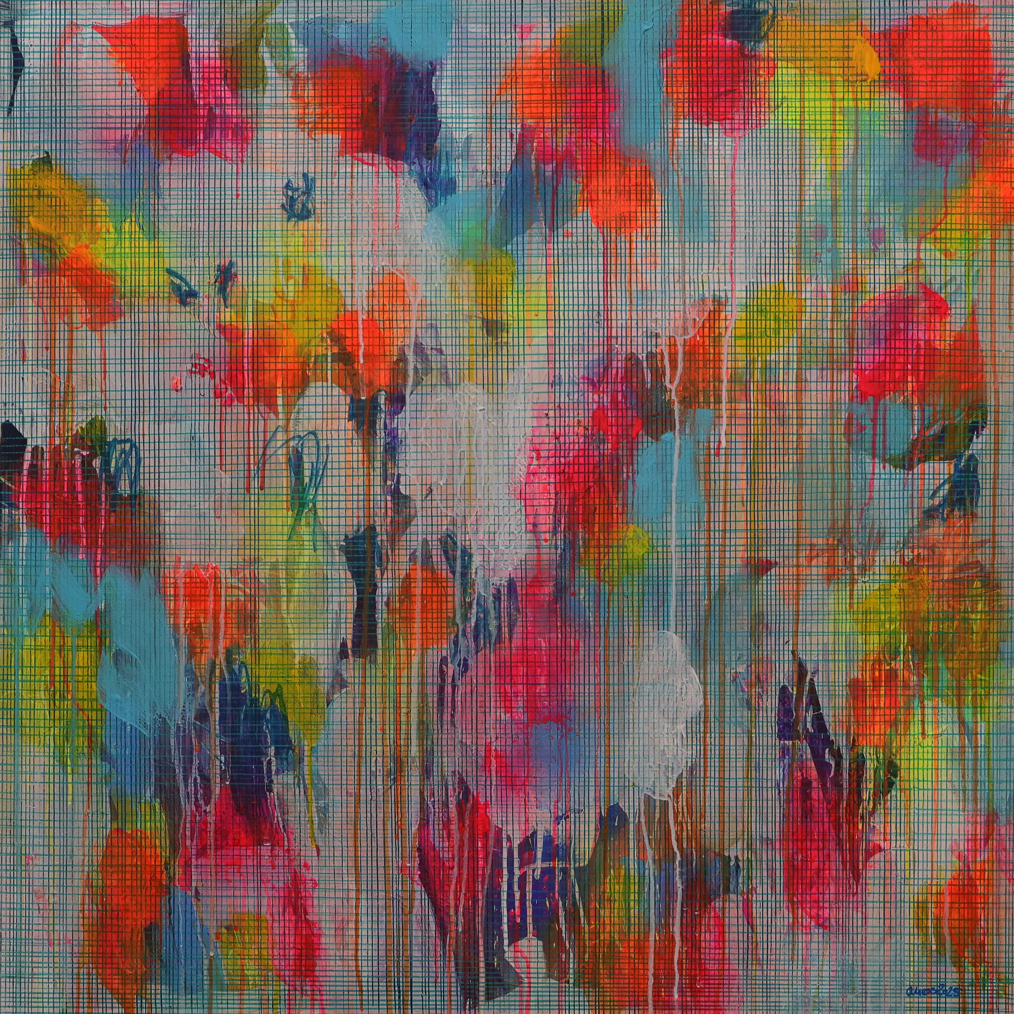 XXL XL Gemälde Bild neon pink blau gelb weiss Linien Streifen Kleckse abstrakt