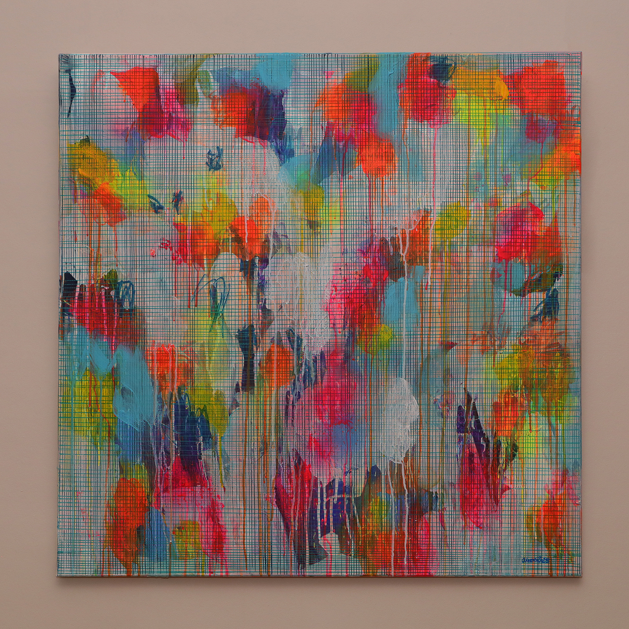 Detail XXL XL Gemälde Bild neon pink blau gelb weiss Linien Streifen Kleckse abstrakt