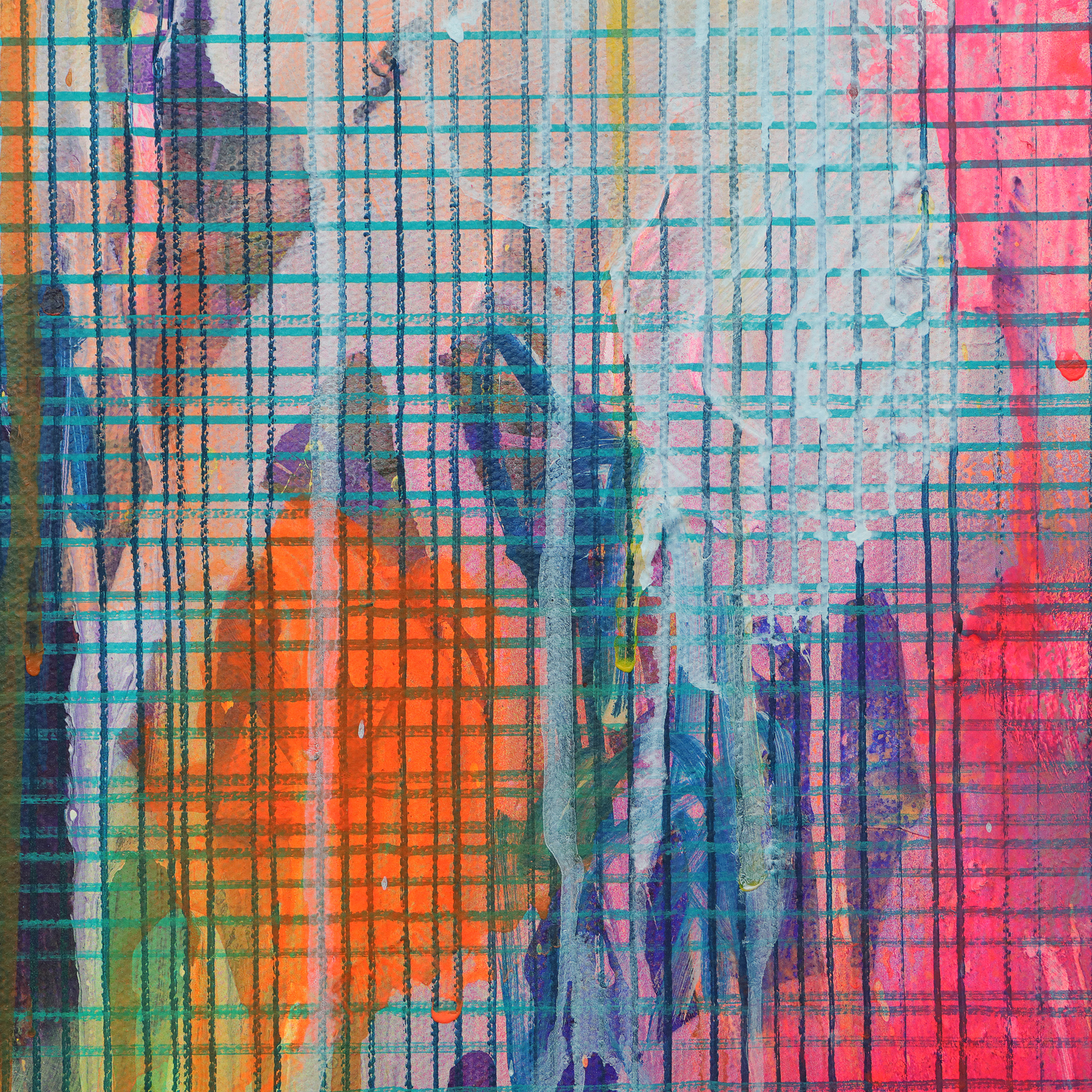 Detail XXL XL Gemälde Bild neon pink blau gelb weiss Linien Streifen Kleckse abstrakt