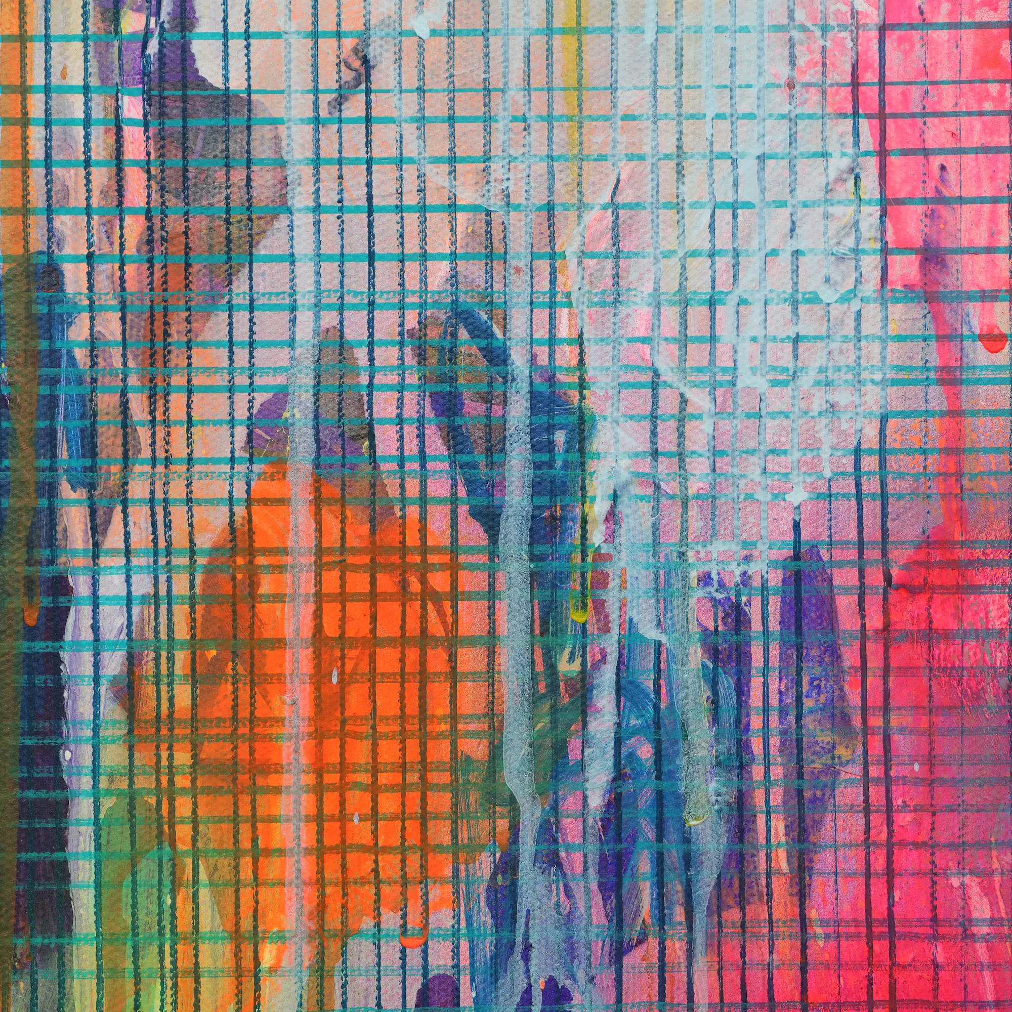 Nahaufnahme XXL XL Gemälde Bild neon pink blau gelb weiss Linien Streifen Kleckse abstrakt