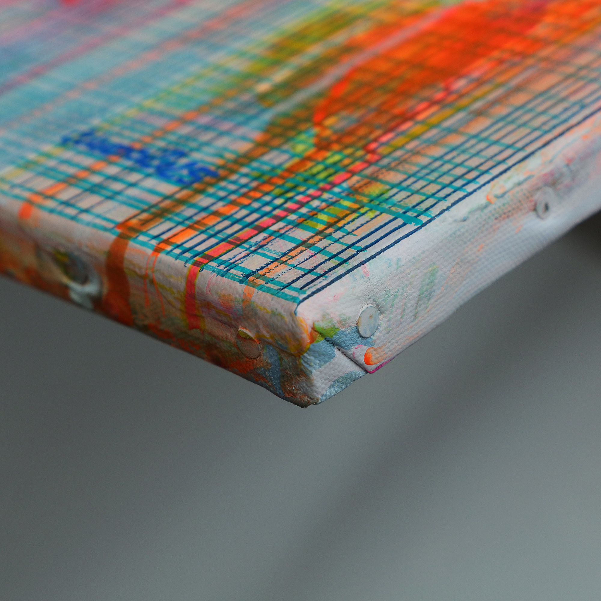 Detail XXL XL Gemälde Bild neon pink blau gelb weiss Linien Streifen Kleckse abstrakt