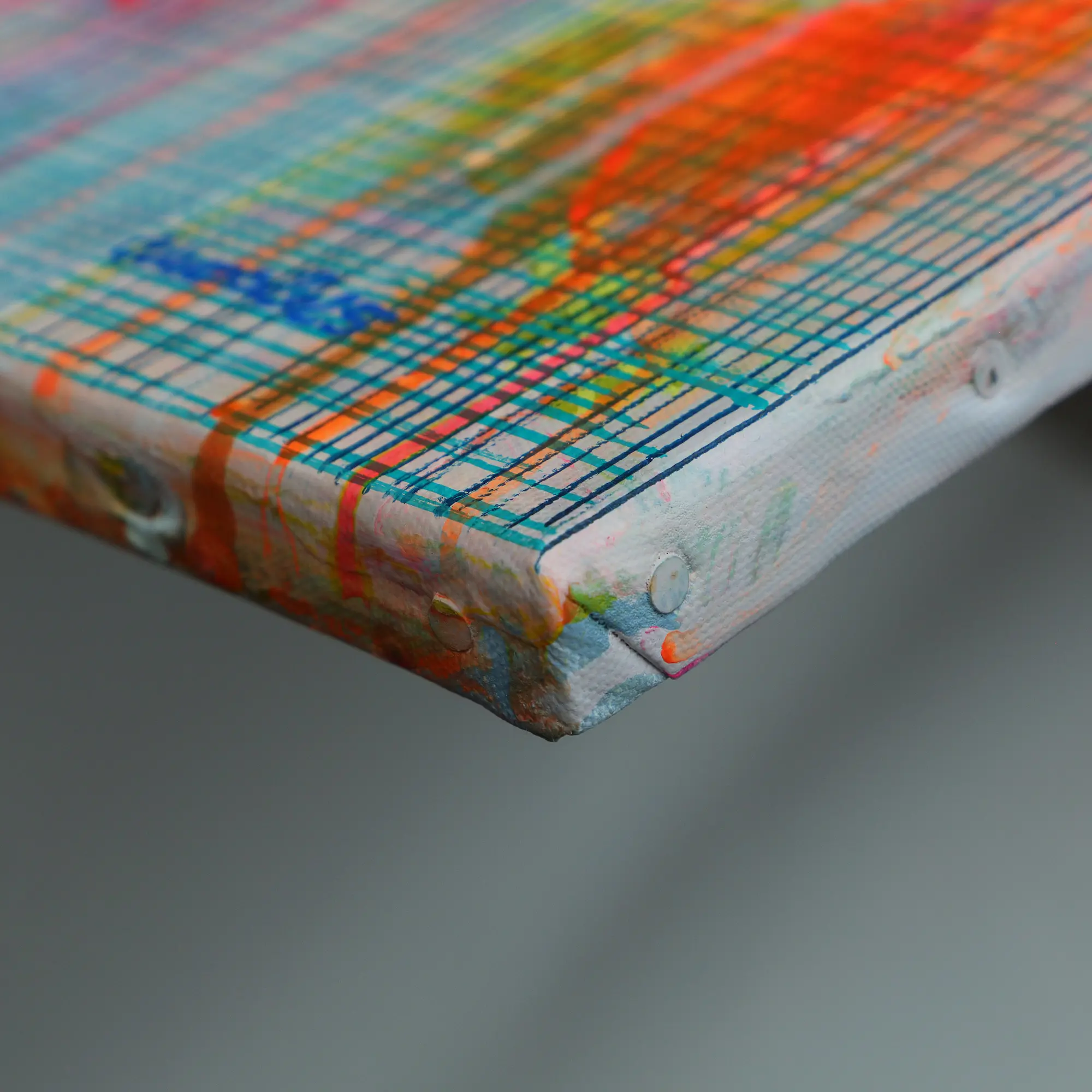 Nahaufnahme XXL XL Gemälde Bild neon pink blau gelb weiss Linien Streifen Kleckse abstrakt