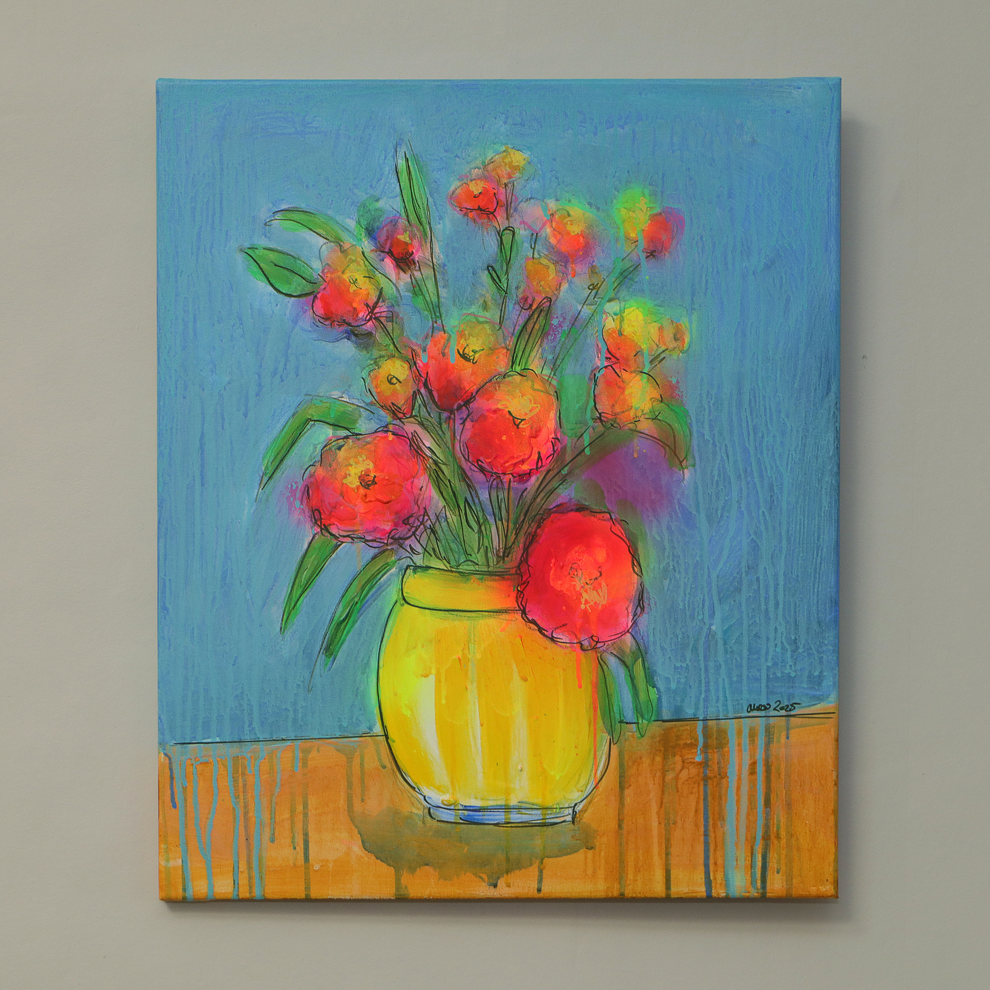 Detail Gemaelde Art Blumen Strauss Bouquet neon rosa pink orange blau Vase gelb Kleckse