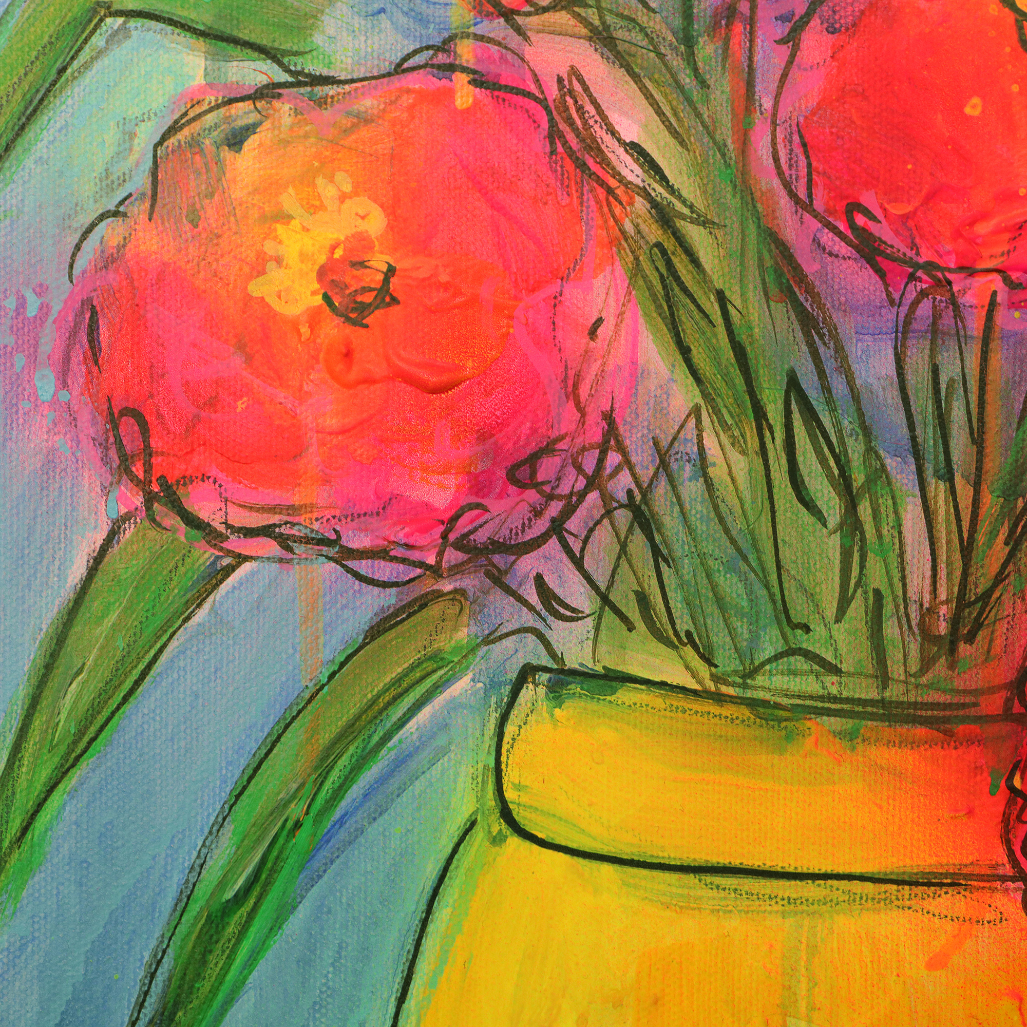 Detail Gemaelde Art Blumen Strauss Bouquet neon rosa pink orange blau Vase gelb Kleckse