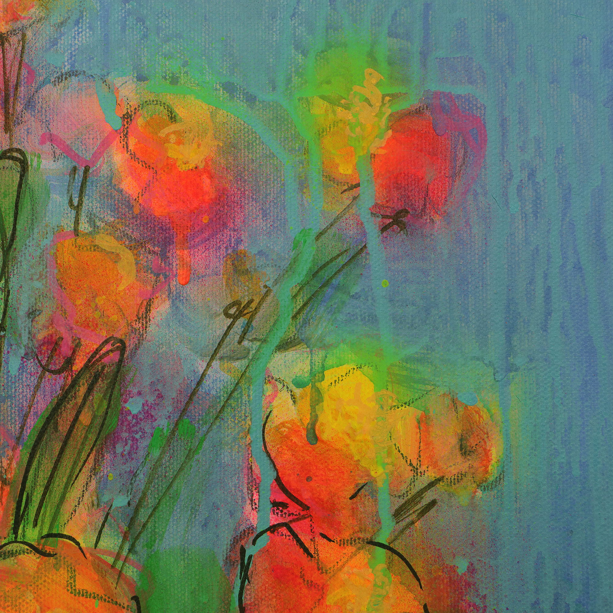 Detail Gemaelde Art Blumen Strauss Bouquet neon rosa pink orange blau Vase gelb Kleckse